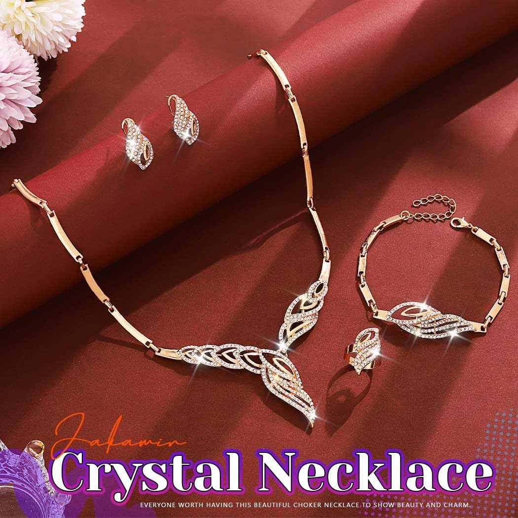 JAKAWIN Leaf Rhinestone Wedding Jewelry Set Gold Prom Bridal Necklace and Earring Bracelet Ring Set for Women - Image 2