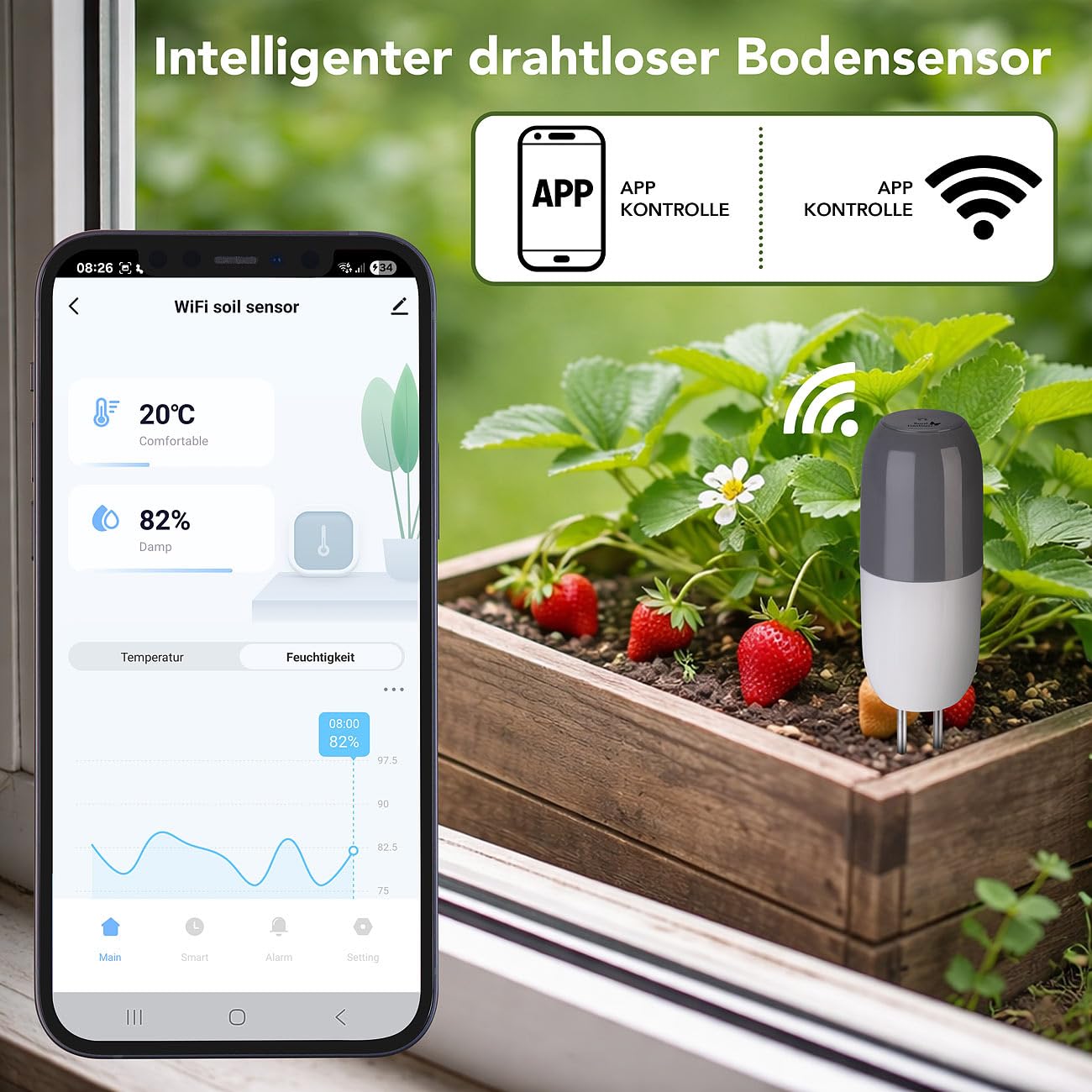 Royal Gardineer WLAN Pflanzen Sensoren: 4er-Set Smarter WLAN-Bodenfeuchtigkeits- & Temperatursensor, App (Pflanzenpflege Sensor, Boden Temperaturmessgerät)