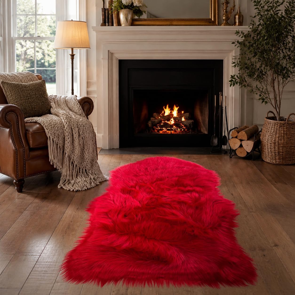 RUSHUFYY Faux Sheepskin Rug, Red, 2 x 3 Ft