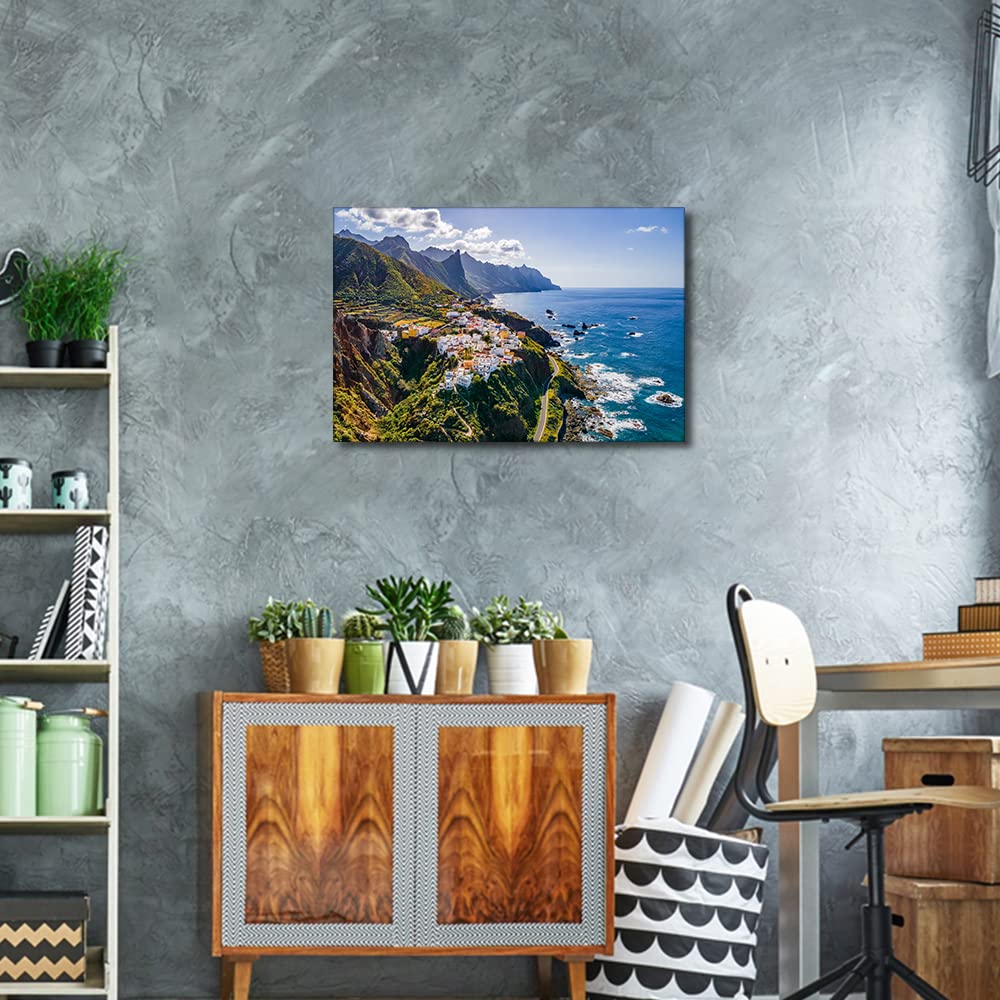 Canvas Wall Art Coastal Village at Tenerife Canary Islands Spain Landscape for Living Room Bedroom Home Decor Beach Artwork for Home Walls Framed Ready to Hang 16x24inch - Image 2