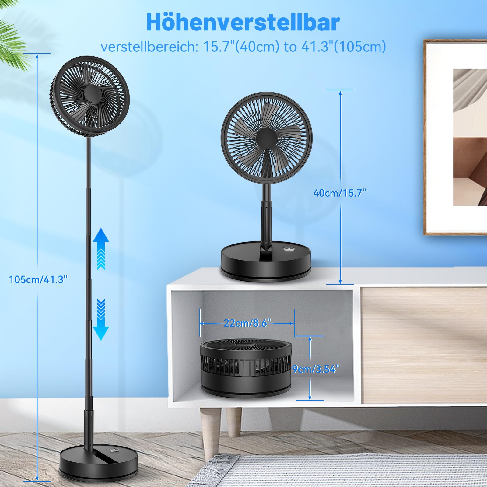 Leise Tragbarer Ventilator mit Fernbedienung - 8,6" Faltbarer Fan | Oszillierend, 4 Betriebsmodi, 4 Timer, 8000mAh Akku. Tisch & Stand Ventilator. Ideal für Schlafzimmer Büro Camping Reisen