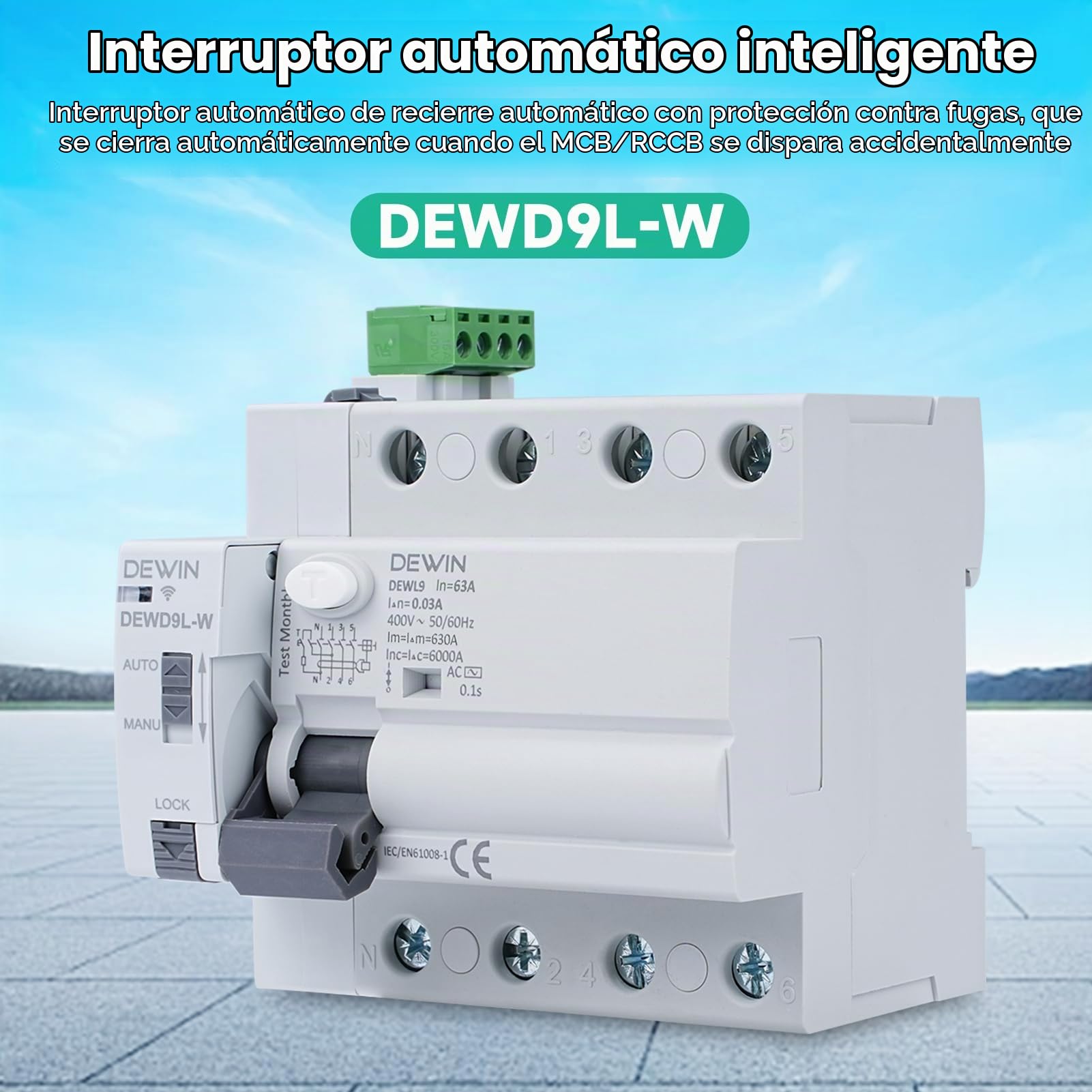 DEWIN Diferencial Rearmable WiFi, 4P 63A 30mA 400V Interruptor Diferencial Rearme RCCB Diferencial Rearmable DEWD9L-W