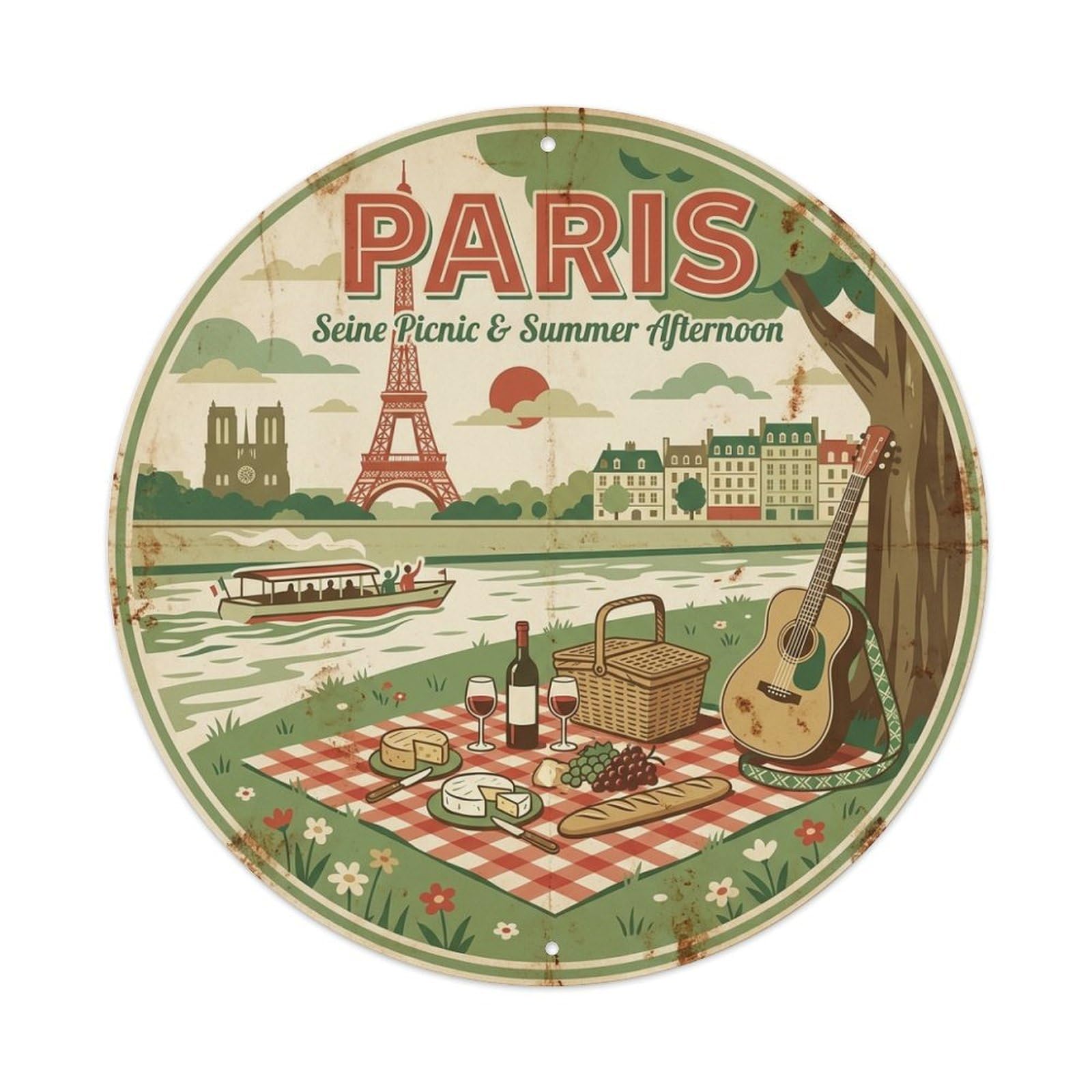 Olhnbad Style Coastal Paris Seine Picnic Summer Afternoon Travel Metal Tin Sign