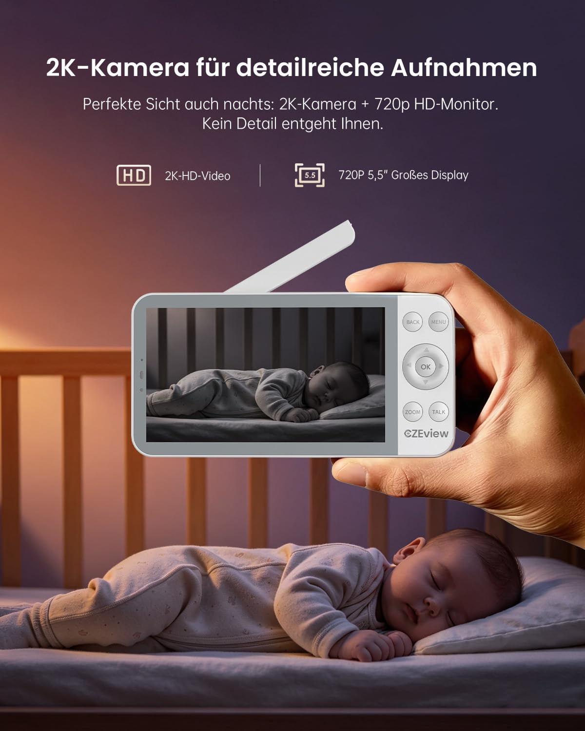 CZEview Babyphone con 2 cámaras y aplicación, Intercomunicador de bebé con Video de 5,5 Pulgadas con transmisión por móvil, visión Nocturna, Audio bidireccional, Detector de Movimiento