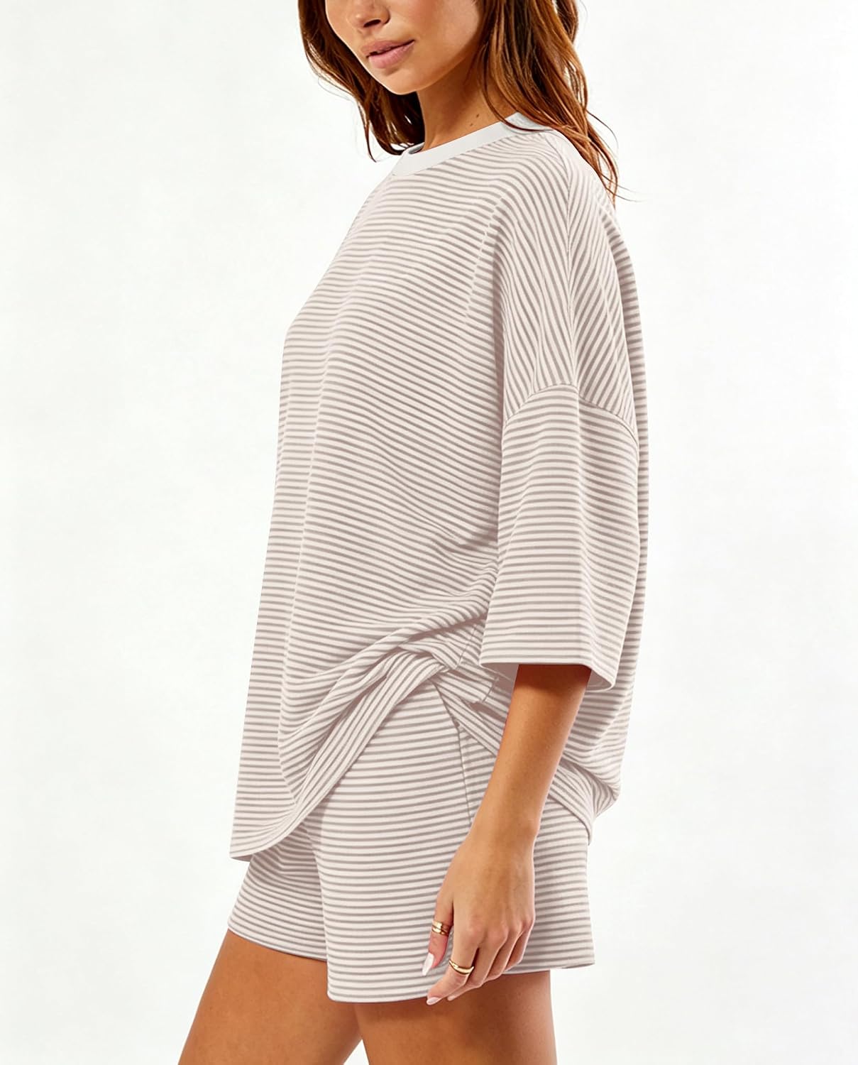 MSBESYOR Women 2 Piece Striped Lounge Set Short Sleeve Oversized T-Shirt Pjs Shorts Casual Matching Pajamas Set