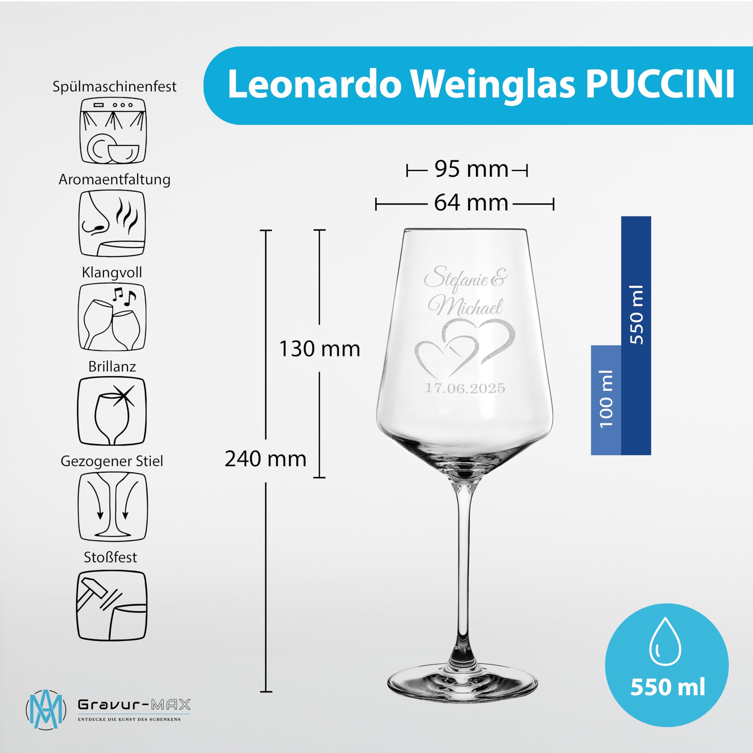 Weinglas 2er Set 560 ml „Nur die Liebe zählt“ - Herz-Glas – Leonardo Puccini Glas mit Lasergravur – personalisierte Weingläser mit Namen & Datum in Holzbox – Geschenk für Paare
