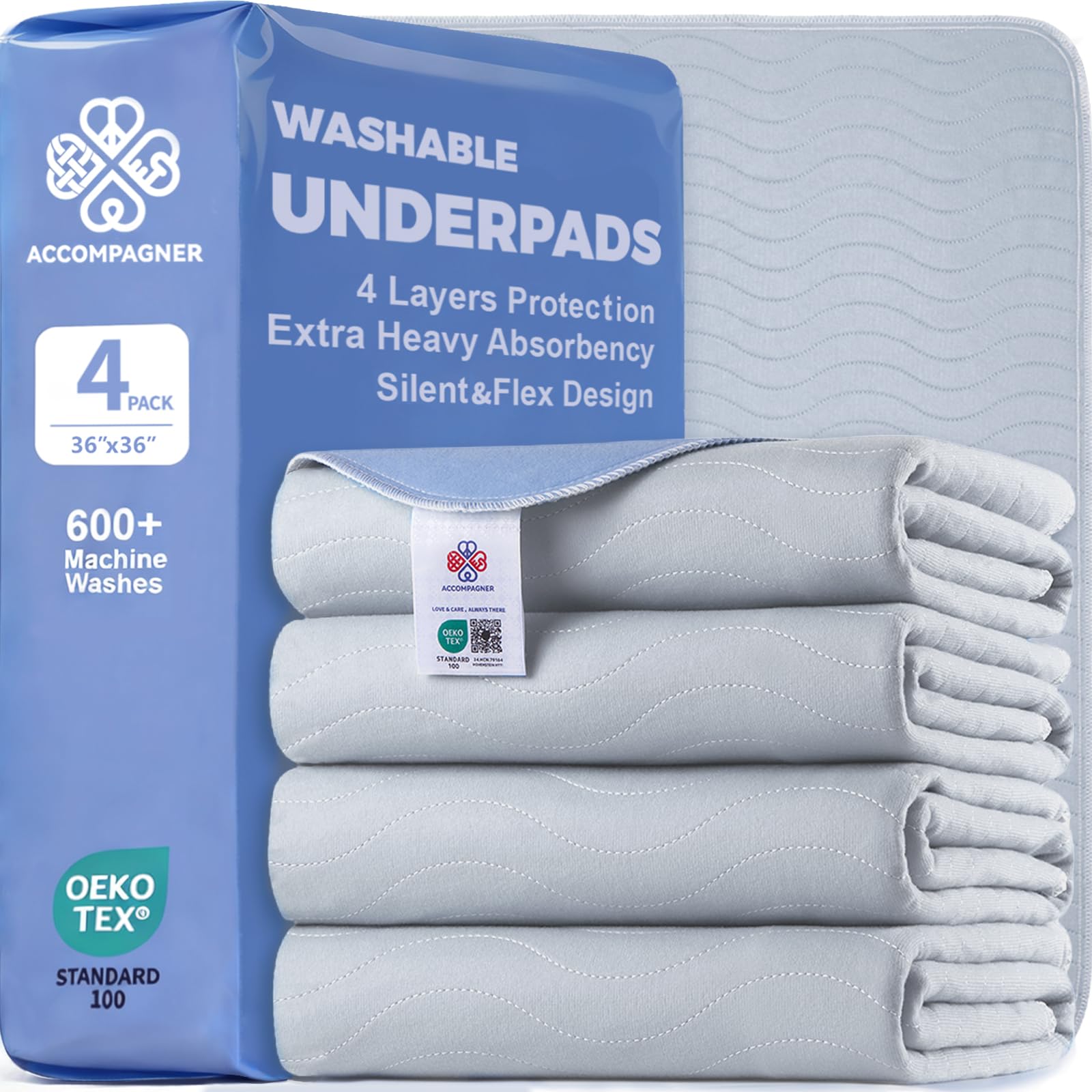 Accompagner Incontinence Bed Pads Washable Waterproof, Ultra-Absorbent Reusable Underpads for Diaper Changing, Nursing, Bedridden, Adults, Seniors, Kids and Dogs (Pearl Gray, 36"x36"(Pack of 4))