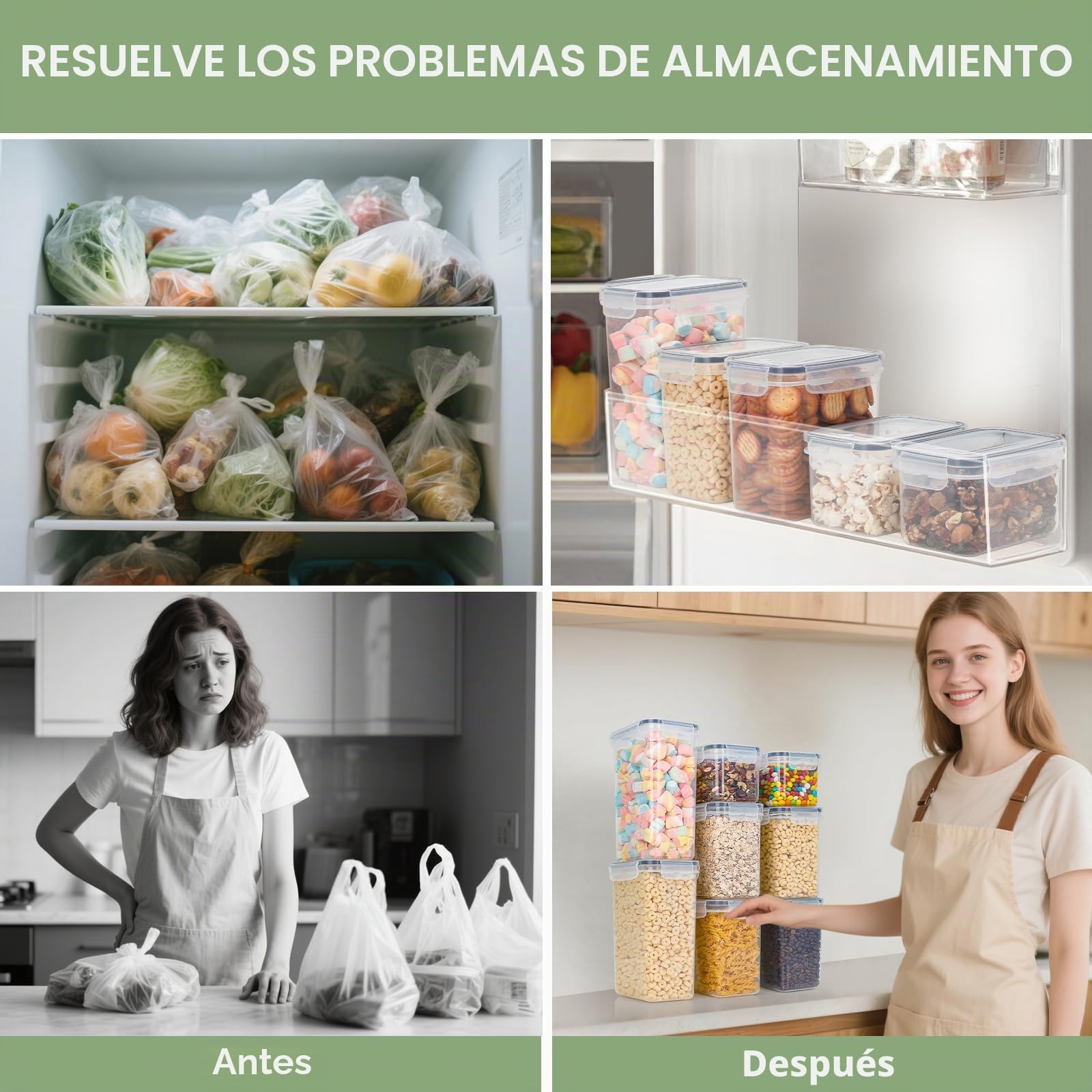 Recipientes Herméticos para Alimentos con Tapa – Juego de 16 Botes de Plástico Sin BPA para Conservación de Cereales, Harina y Comida – Organizador Cocina para Despensa y Cajones
