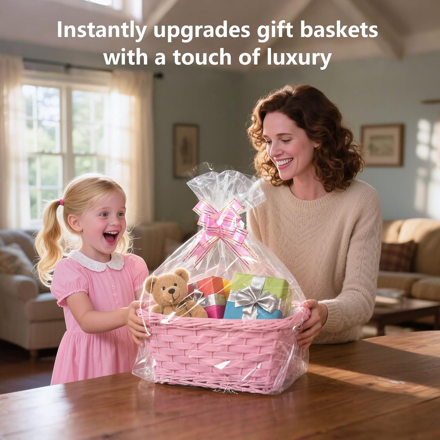 Boensi 50 Pack Cellophane Bags with Pull Bows,16x 20 Inches Clear Hampers Bags for Gift Baskets,Halloween, Easter, Christmas Fruit Basket and Gift Packaging - Image 5