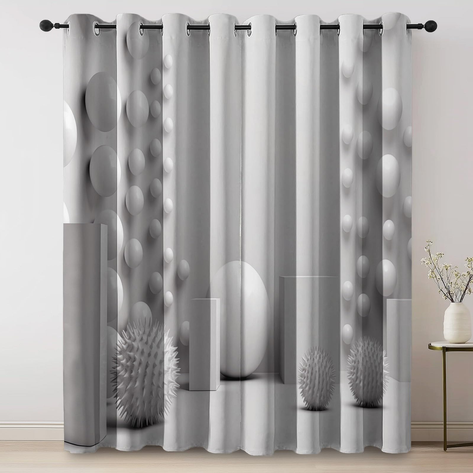Rideaux Isolants 110L X 215H cm (2 Panneaux), Motifs Minimalisme Moderne Géométrie 3D, Tenture Opaque Gris Clair pour Grande Chambre Blanc