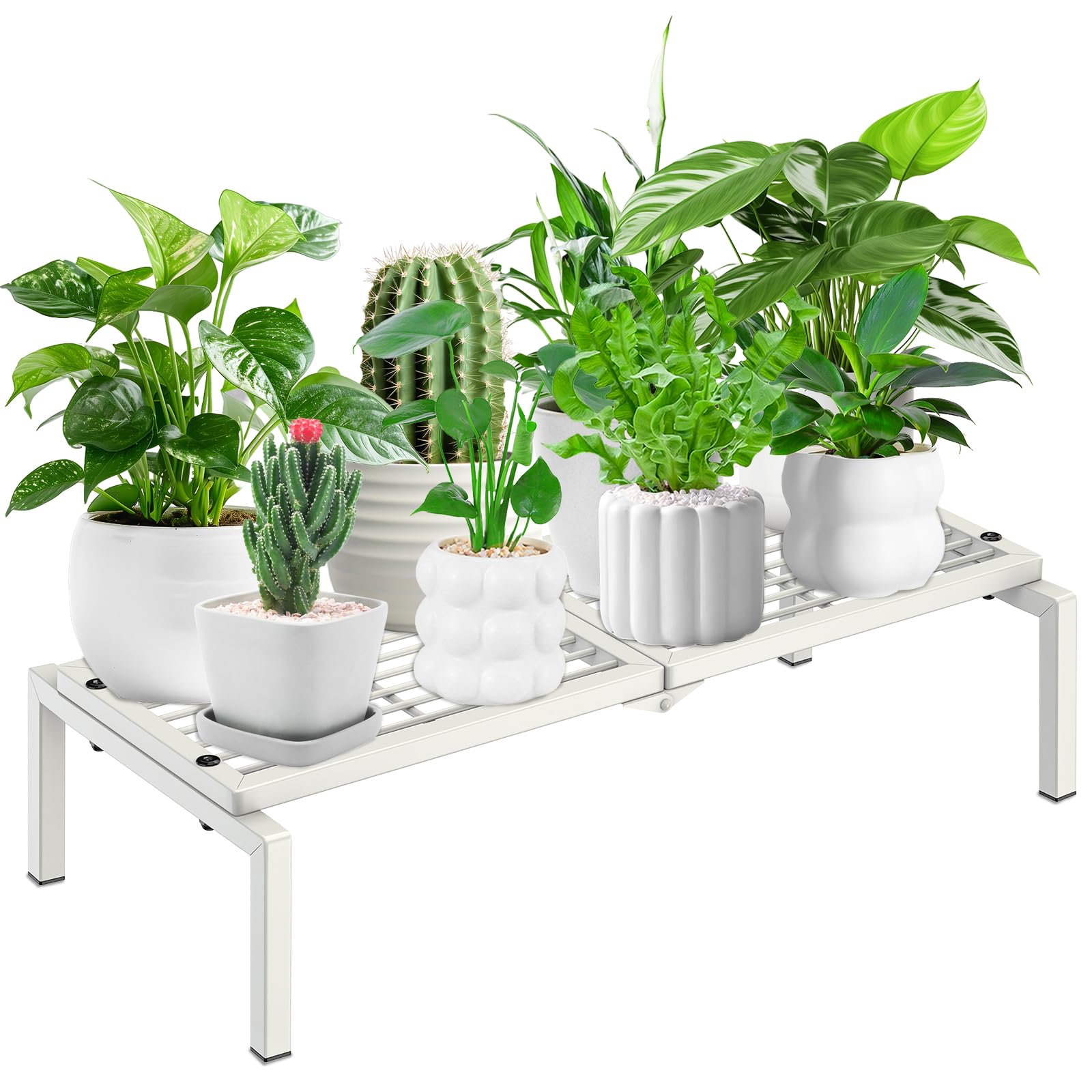 Gouisalin 1 Tier Metal Plant Stand Indoor Outdoor, Potted Multiple Flower Pot Holder Rack Plant Shelf, Heavy Duty Planter Display Shelving for Patio Balcony Garden Living Room Decorative (White)