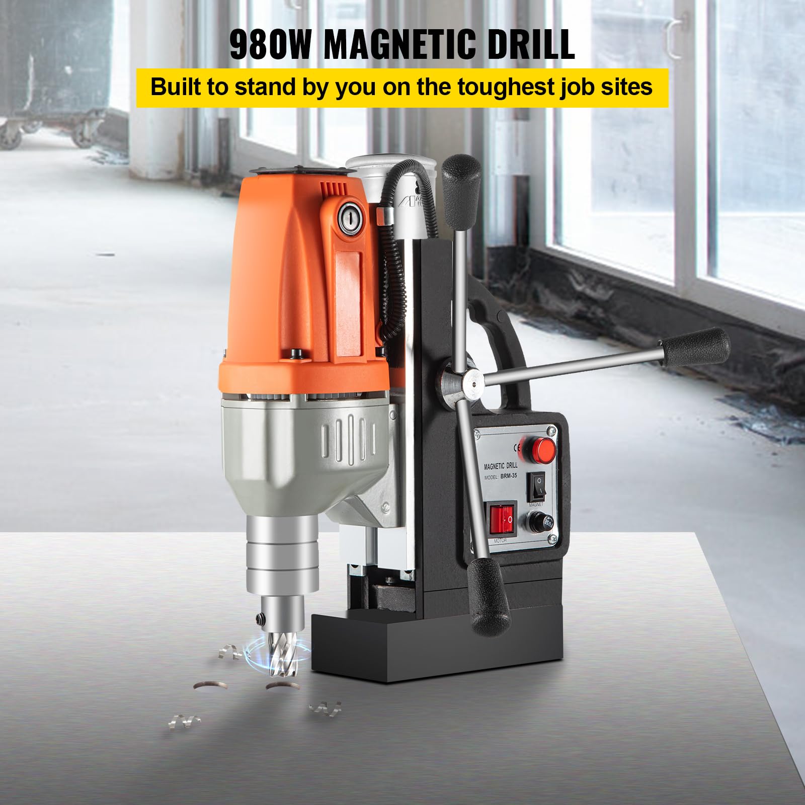 Moh Trapano Elettrico Magnetico BRM35, Motore del Sistema di Perforazione Magnetico ad Alta Potenza 980 W, 220 V, 50 Hz, con comoda maniglia, Usato per Strutture in Acciaio, Costruzioni Navali