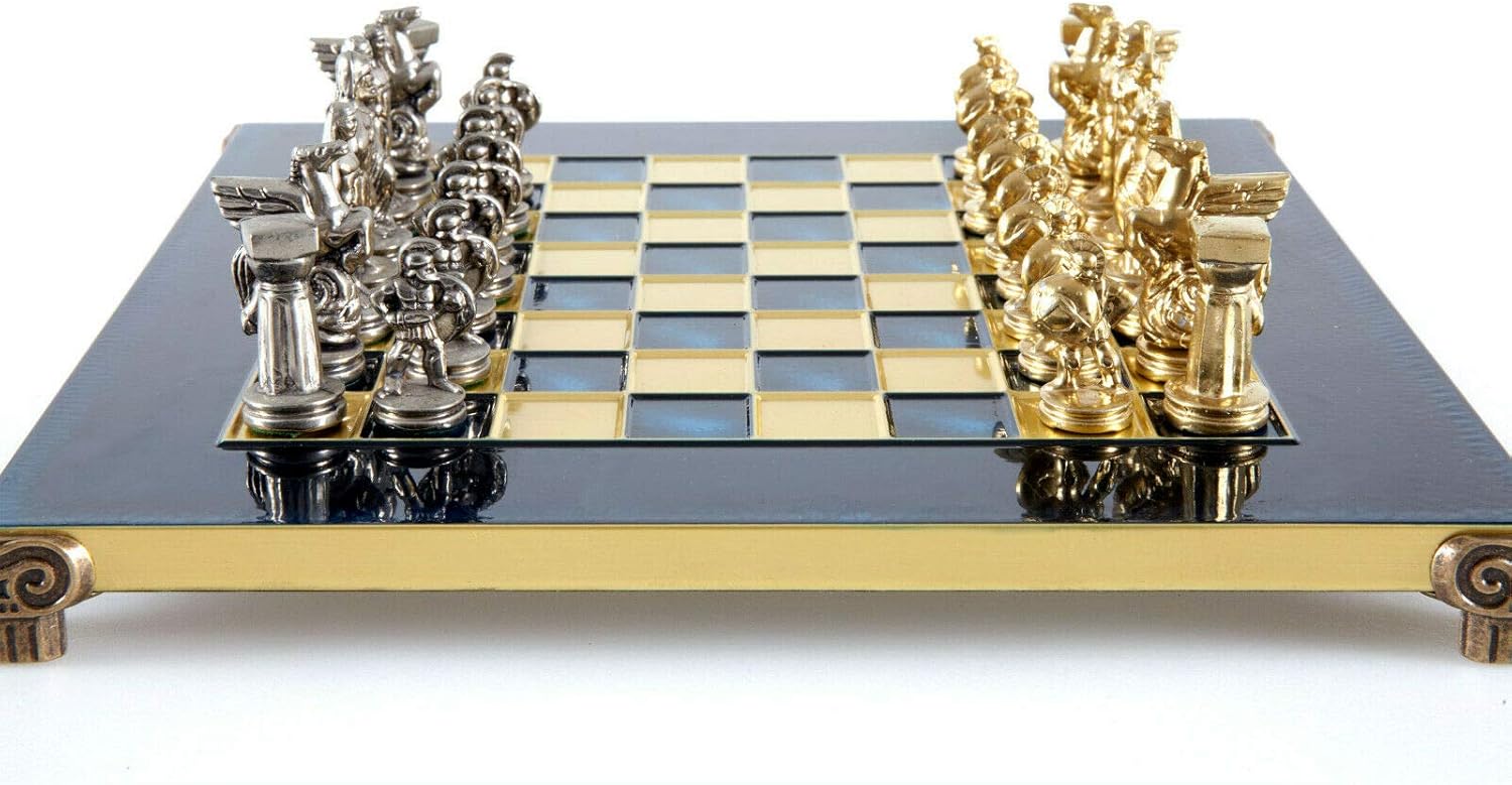 Manopoulos Spartan Warriors Chess Set - Brass&Nickel - Blue Chess Board