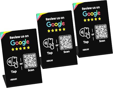 Google Review Stand 3 PCS- Boost Reviews w/ 3x4 inch Reusable Google Review Tap Card Stand & QR Code Stand -No App,No Subscription- Android & iPhone Compatible- Google Reviews Made Easy