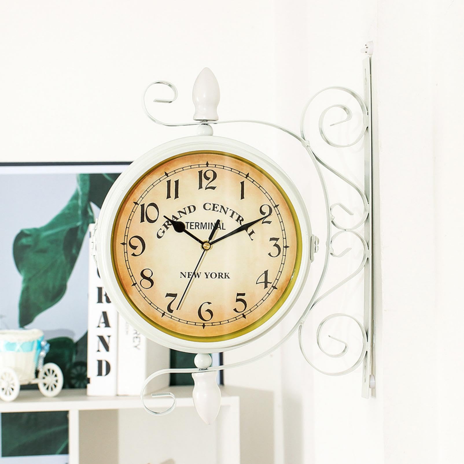 Orologio da Stazione, Orologio da Parete Doppio Lato 35 x 28 cm in Ferro Bianco per Giardino
