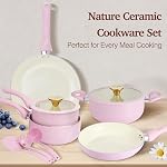 M MELENTA Pink Pots and Pans Set Non Stick, 11 Piece Non Toxic Ceramic Cookware Set, Induction Ready Kitchen Cooking Set with Cool-Grip Handles, PFOA & PTFE Free