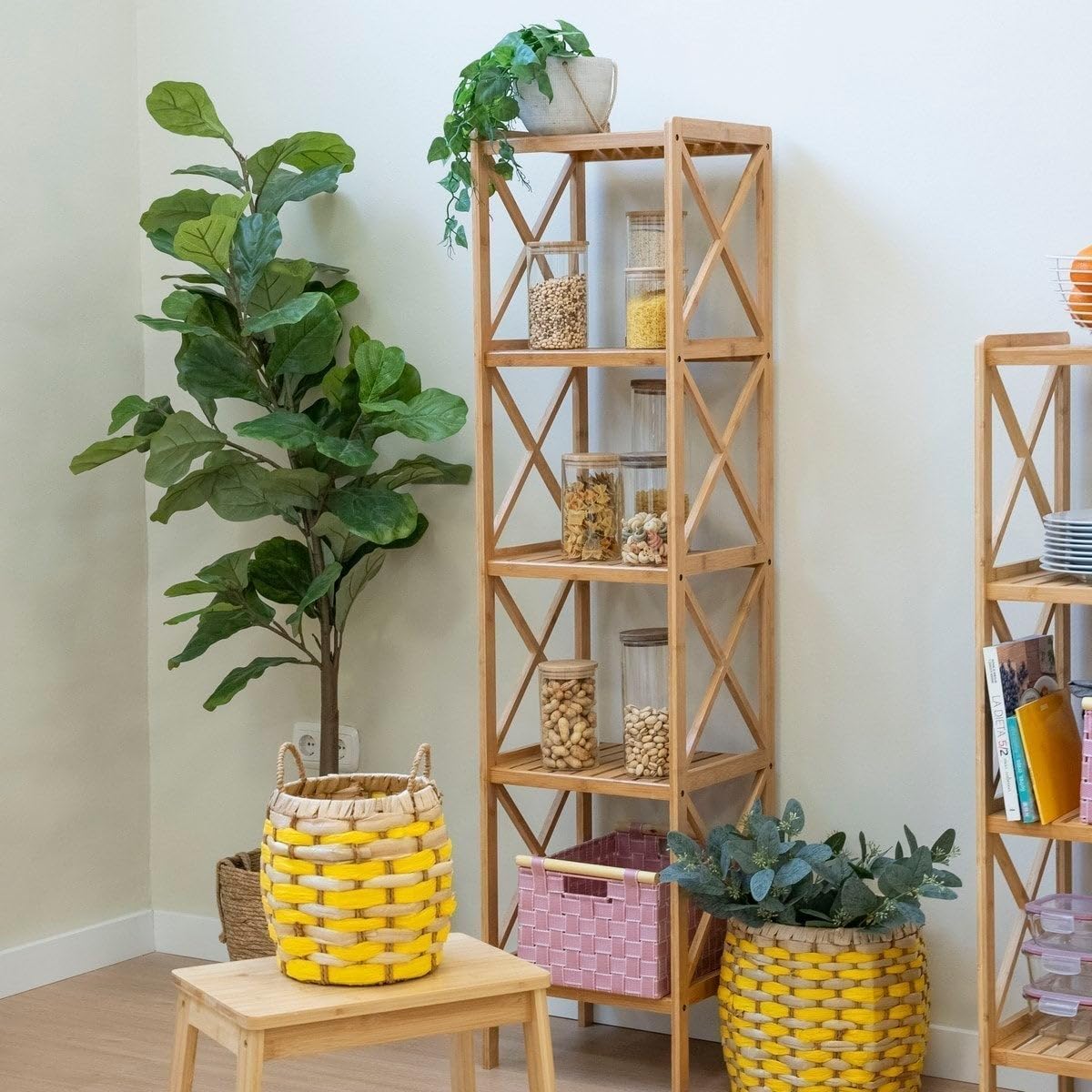 Estantería de pie de bambú natural con 5 baldas alistonadas de 37x33x153 cm | Estante de baño para almacenaje con laterales en cruz decorativos. Resiste 5kg por balda.