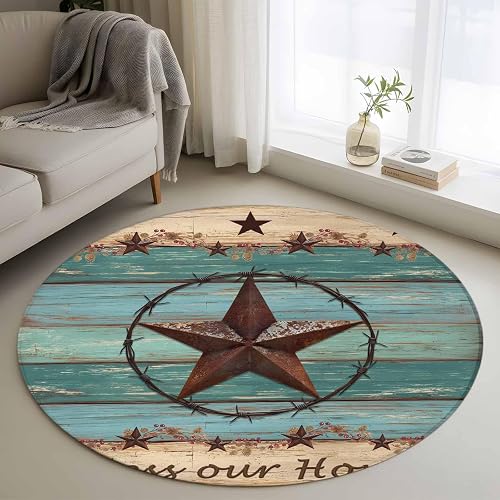 Western Texas Star Small Round Rugs 3.3ft Washable Retro Turquoise Wooden Rustic