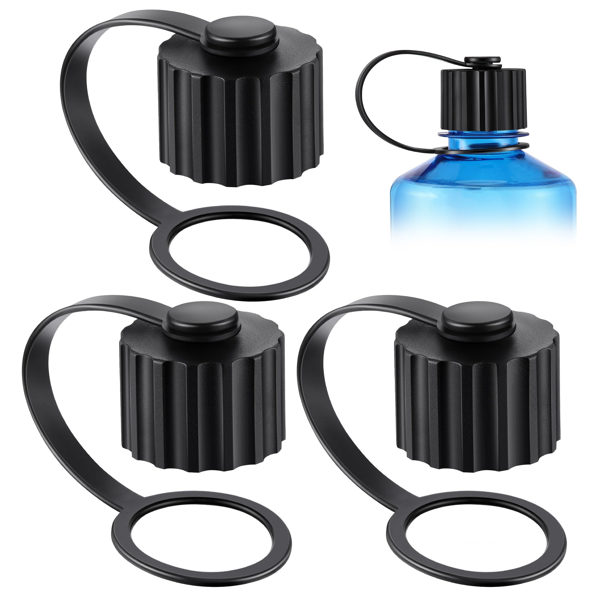 HappyAlley 3 Pack Water Bottle Replacement Cap, Compatible with Nalgene 38mm Diameter Water Bottle, Narrow Mouth Loop Top Lid, BPA Free(Black)