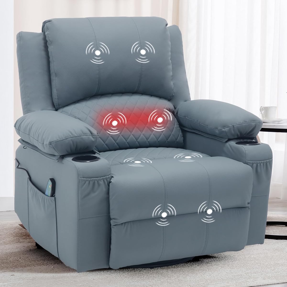 Swivel Rocker Recliner with Heat and Massage, Wide Seat Heated Massaging Reclining Chair, Faux Leather Rocking Recliner Glider Chair with Cup Holder for Nursery, Blue