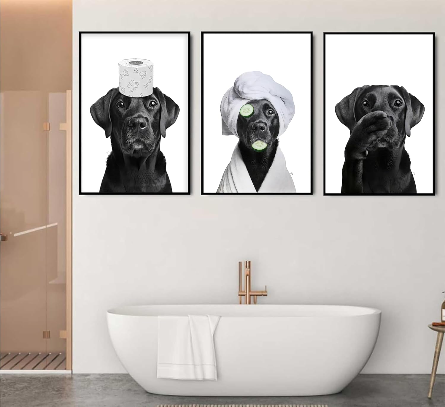 MALEDO 3Pcs Black Labrador Dog Bathroom Canvas Wall Art Cute Animal Black and White Picture Painting Wall Decor Funny Toilet Paper Poster Print Artwork for Restroom Washroom Toilet Home Decor,Unframed
