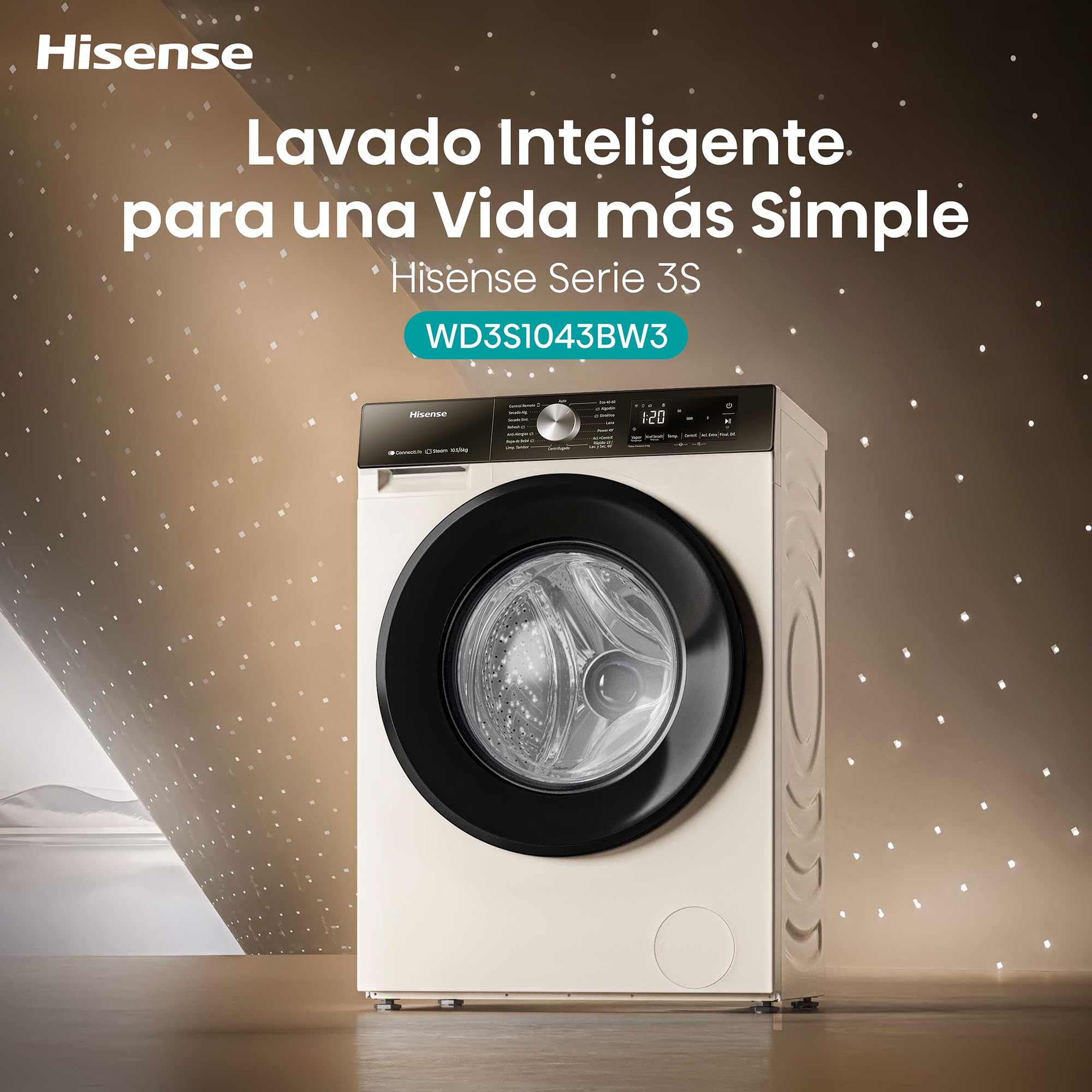 Hisense WD3S1043BW3 - Lavadora Secadora 2 en 1 con Vapor,Clase D/A, Carga Frontal 10.5 kg Lavado, Secadora 6 kg, Conectividad WiFi, Programación Asistida, Monitor de Consumo, Serie 3S, Blanco