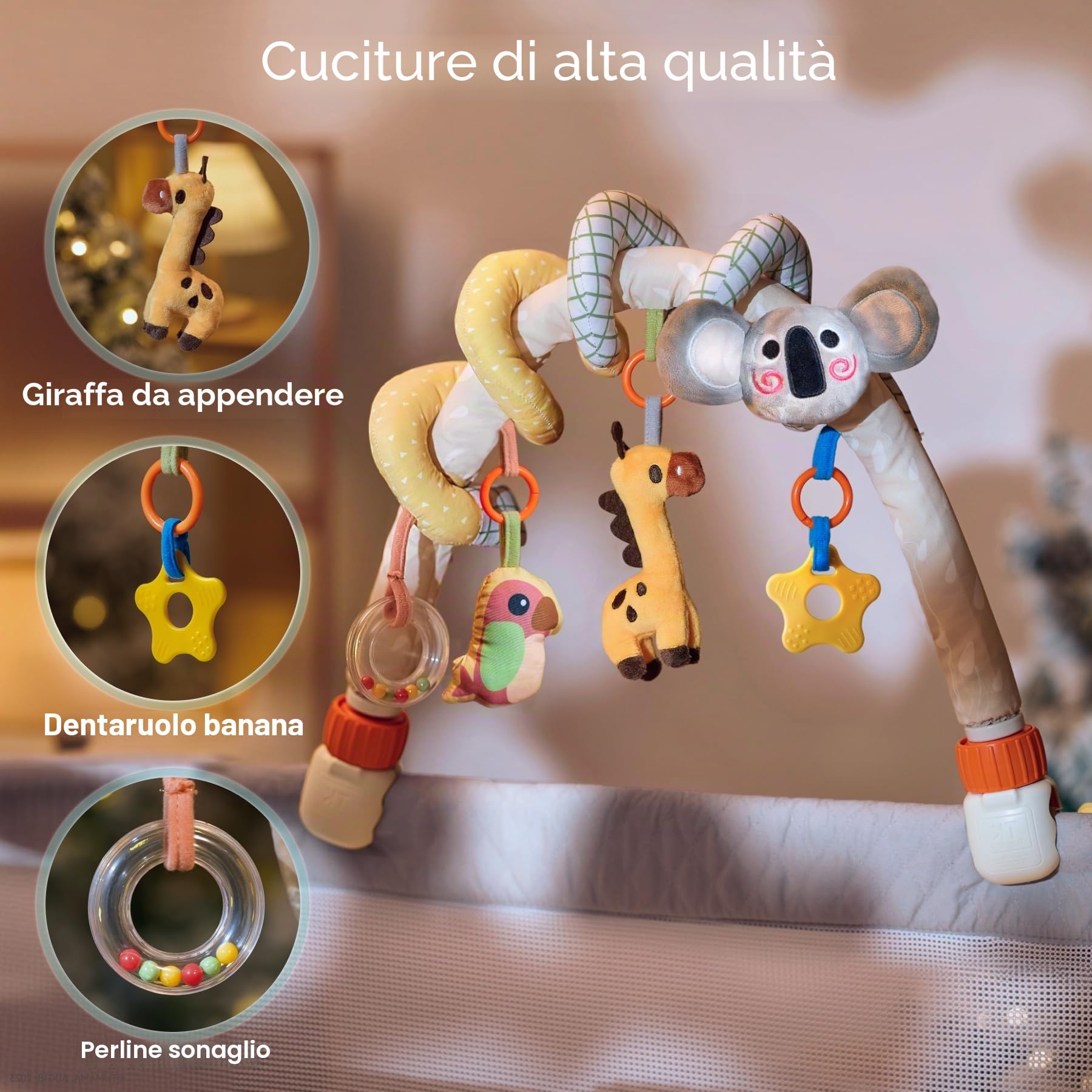 TUMAMA 2-in-1 Giochi Spirale Passeggino e Arco Viaggio per Neonato 0 3 6 9 Mesi, Peluche Serpente Passeggino Giocattolo Gioco per Neonati Bambina Ragazzo, Clip On Auto Carrozzina con Sonaglio Teether