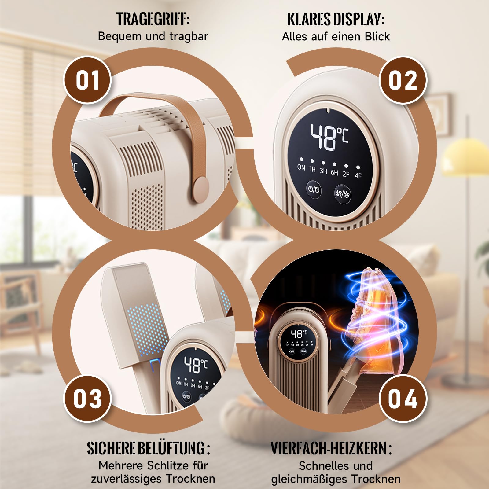 4 In 1 Schuhtrockner Elektrisch Antibakteriell, Shoe Dryer mit 1/3/6H Timer und 2 Windgeschwindigkeitseinstellungen, Tragbar Skischuhtrockner für Schuhe, Handschuhe, Hüte, Socken & Fußballschuhe