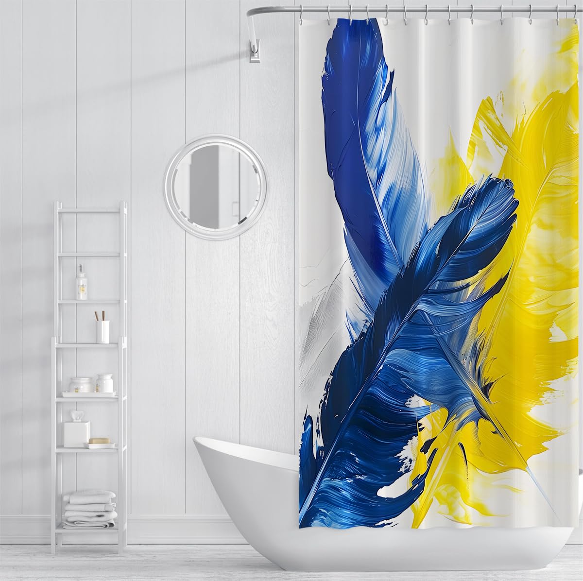 Rideau de douche salle de bain motif plumes bleu jaune W240xL180 cm