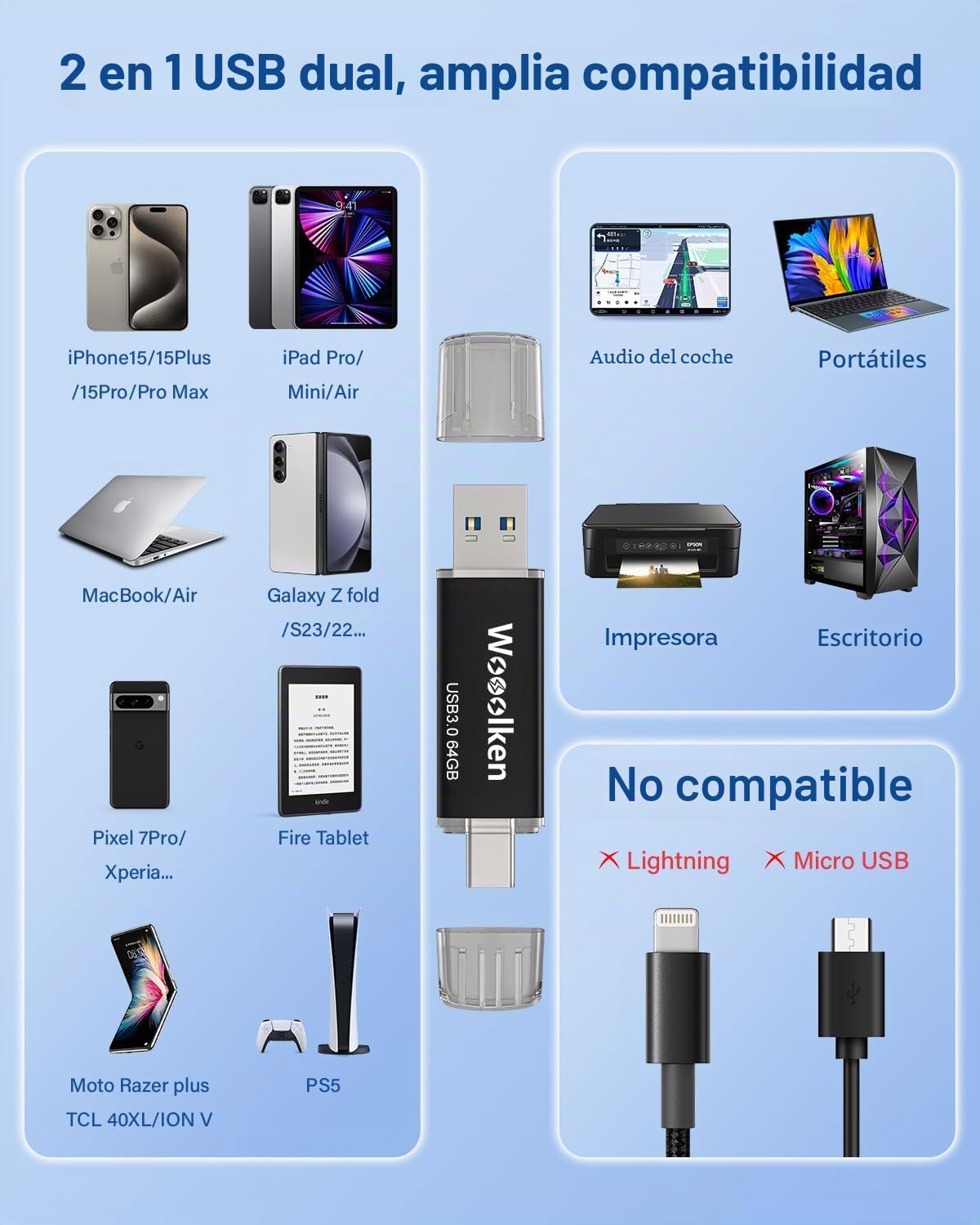 Memoria USB 3.0 Tipo C 64GB,Wooolken Pendrive USB C 2 en 1, Paquete de 5 | Almacenamiento Externo para Android, Windows, MacBook, PC y Tablets, U Disco OTG Flash Drive