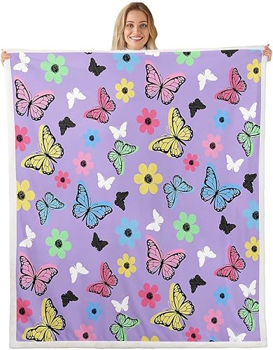 Butterfly Throw Blanket Watercolor Flower Butterfly Fleece Blanket Cartoon Floral Cozy Throws for Bed Couch Sofa, Kids Boys Girls Room Decor, Soft