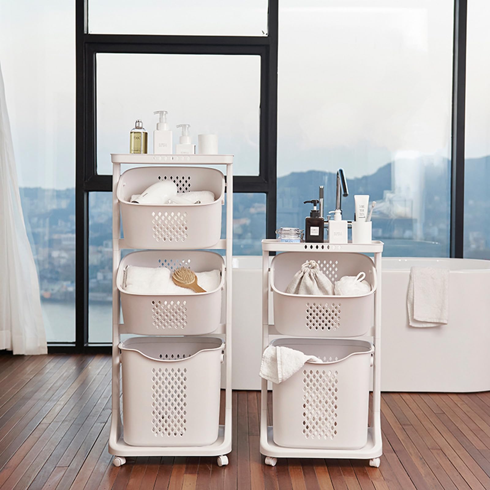 Chariot à linge à 3 niveaux avec roues et étagères - Panier à linge roulant pour vêtements, jouets et plus - Blanc Chariot à linge à 3 niveaux avec roues et étagères - Panier à linge roulant pour vêtements, jouets et plus - Blanc