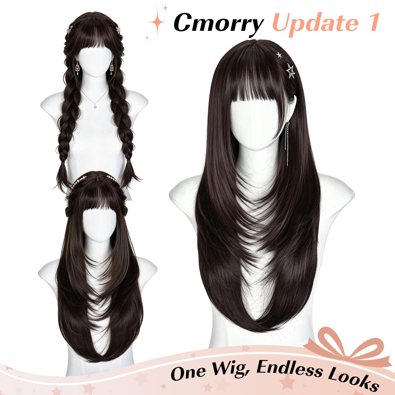 Brown Wig with Bangs for Women, 26inch-28inch Layered Wig, Realistic Scalp 230% Density Glueless Wig, Synthetic Wig 3 Seconds to Wear Beginner Friendly for Daily Party Cosplay Use