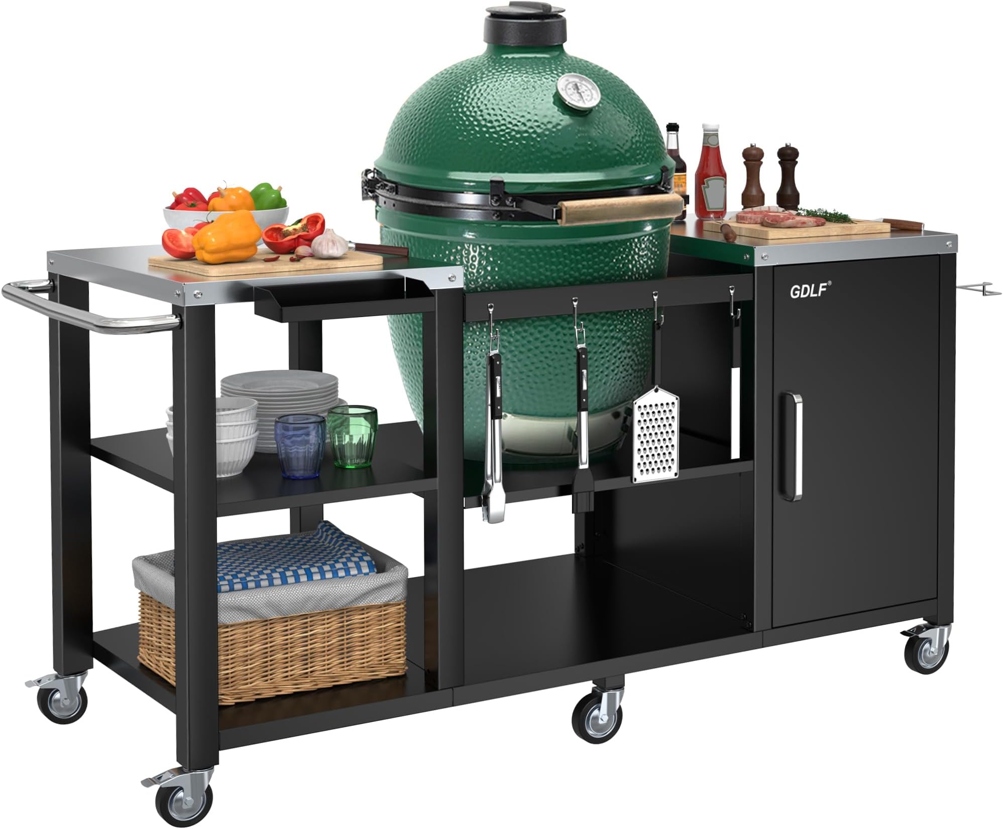 Grill Table for Big Green Egg Style BBQ, Heavy Duty Metal Outdoor Grill Station Prep Table with Storage,Compatible with Large Big Green Egg,Kamado Joe Classic