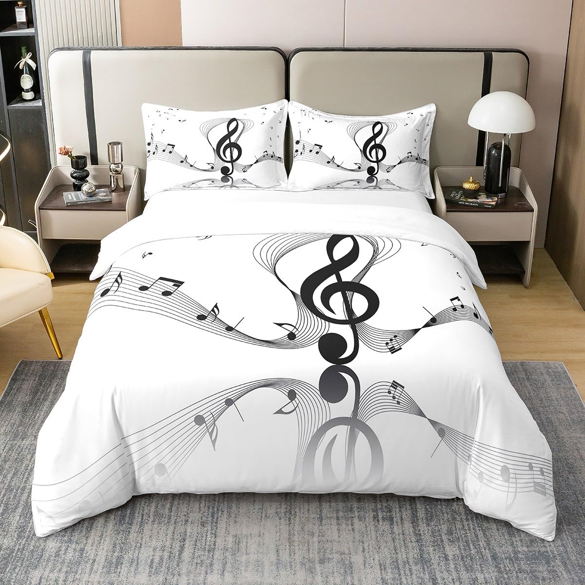100% Gewaschene Baumwolle Mädchen Musiknoten Tröster Abdeckung,Musikalische Stäbe Muster Bettbezug 200x200,Musik Thema Hip Hop Bettwäsche Set für Jungen,Moderne Einfache Quilt Cover,Schwarz Weiß
