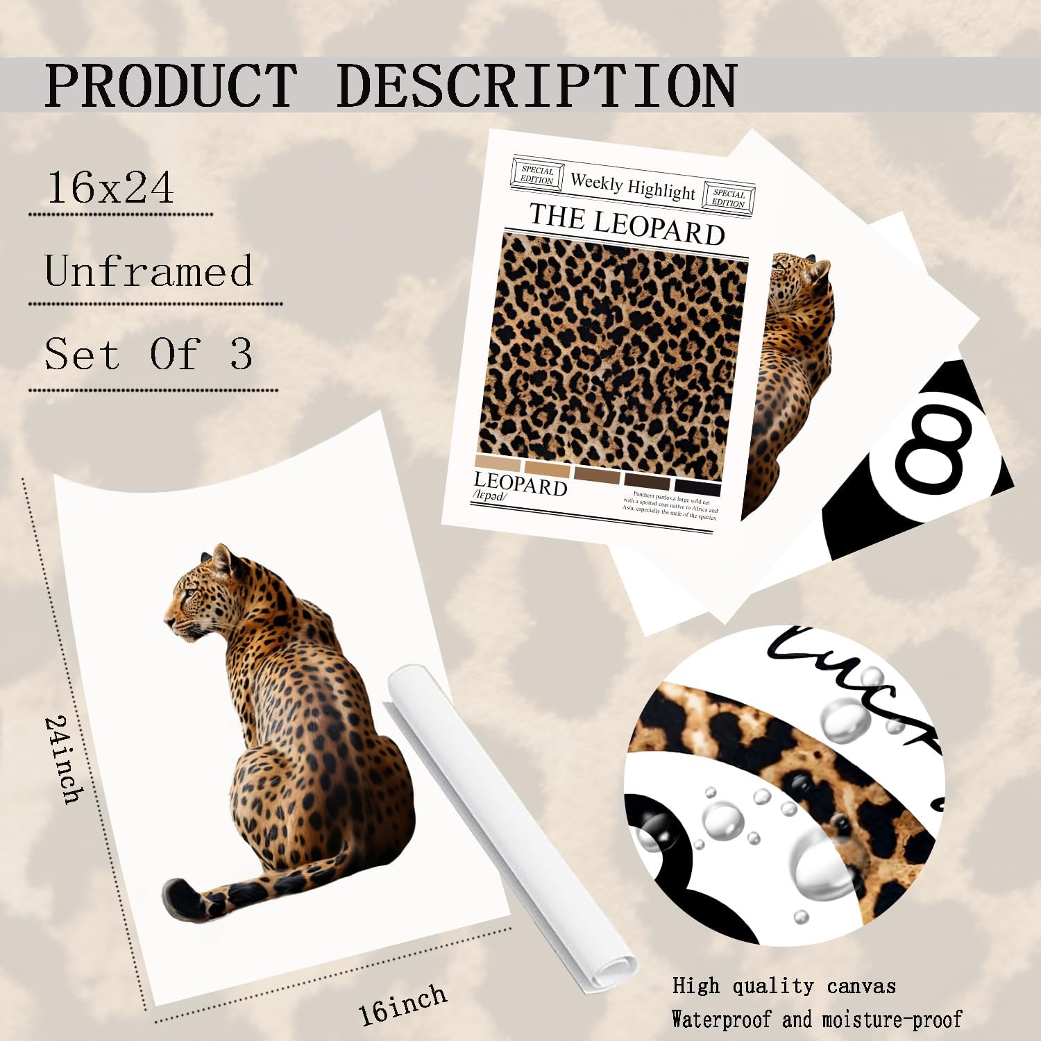 3 pcs Trendy Leopard Canvas Wall Art Funky Lucky 8 Ball painting picture Stylish Female Aesthetic wall decor Preppy Cheetah poster print Artwork for Girly Bedroom Apartment Dorm 16x24in Unframed