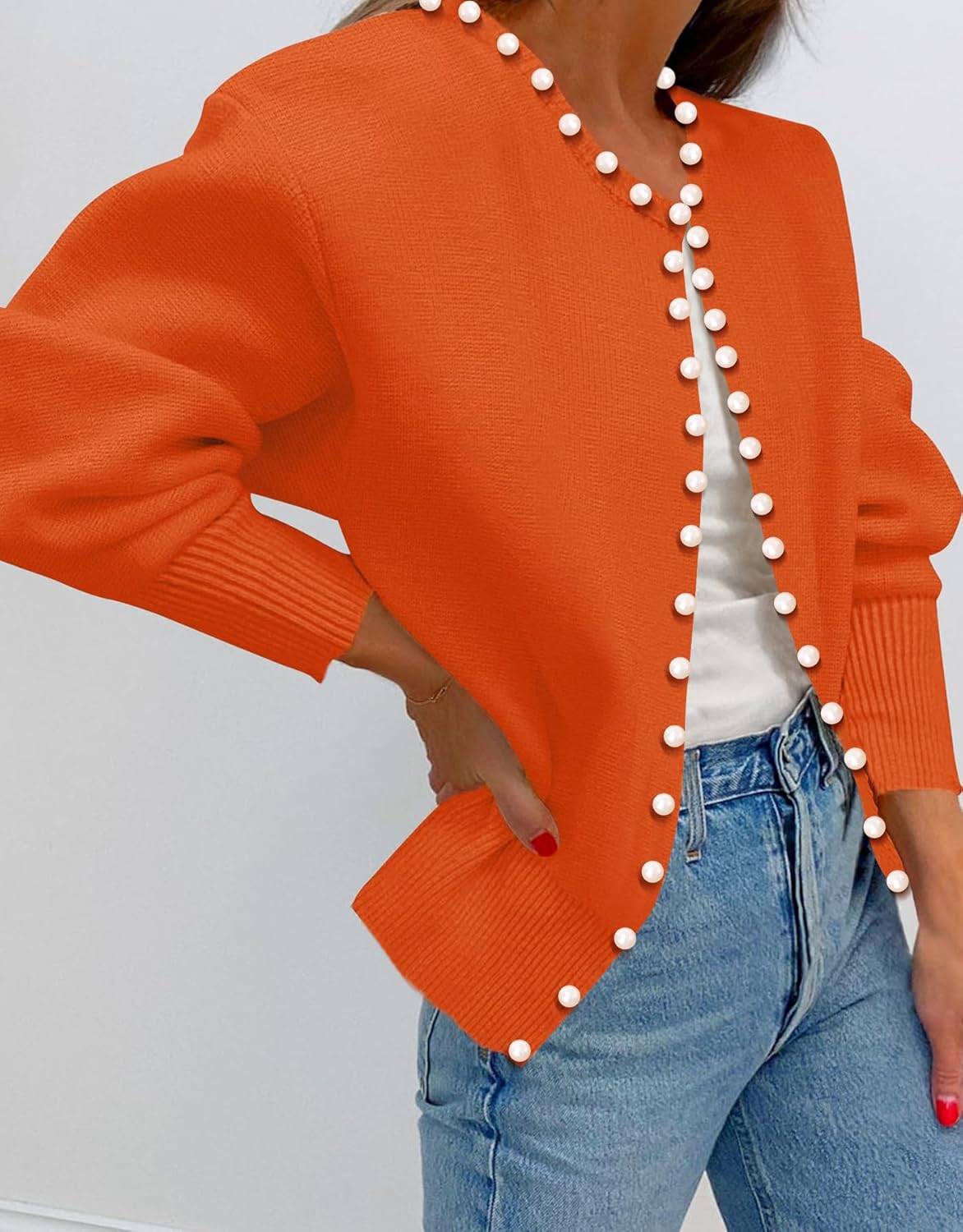 Kedera Womens Casual Pearl Cardigan 2025 Spring Elegant Embellished Long Sleeve Oversized Knit Sweater - Image 4