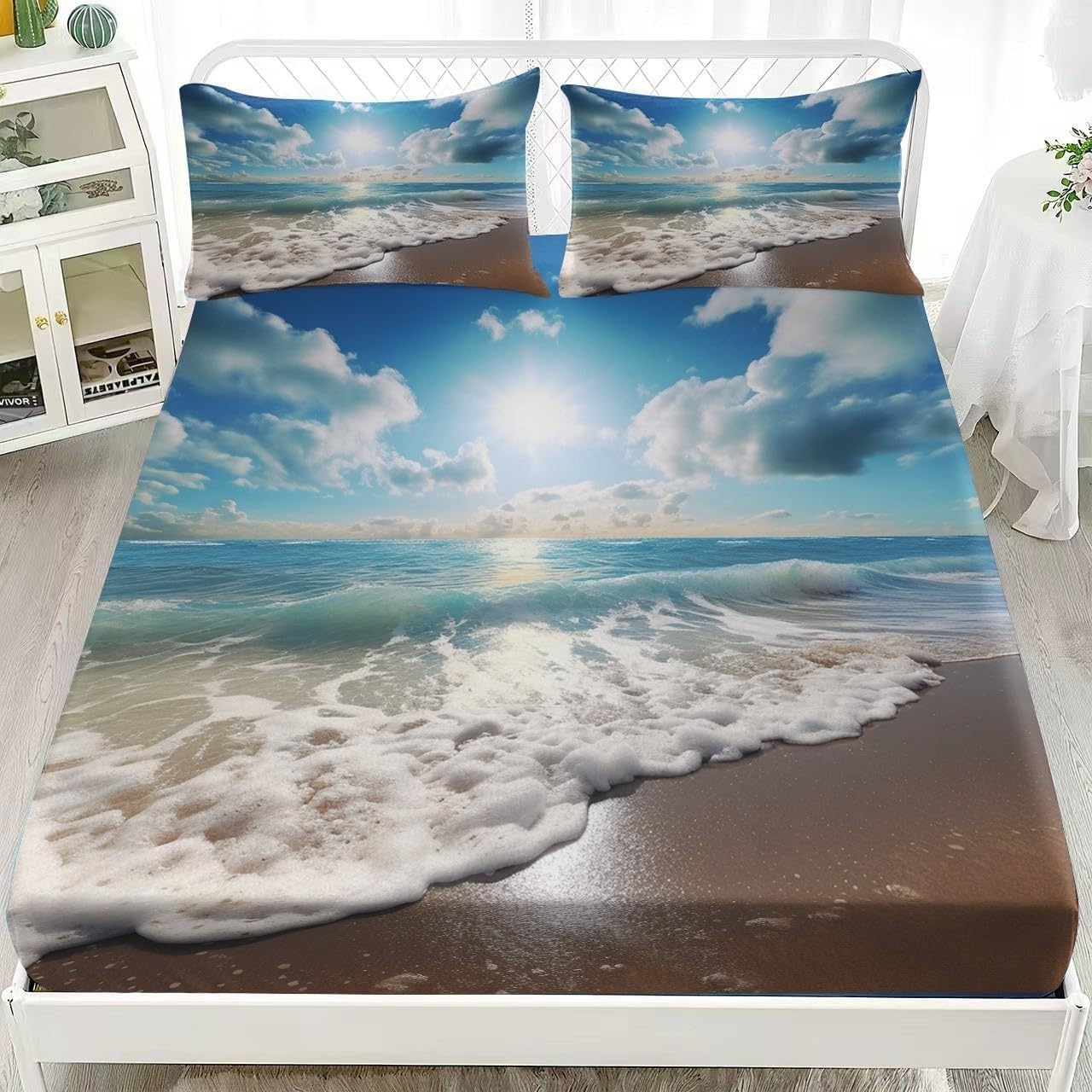 Beach Single Fitted Sheet The Sea Bed Sheets Deep Pocket 12 inch (30 cm) Soft Cozy 3 Piece Microfibre Bed Sheet 90x190 cm with 2 Pillowcases 50x75 cm