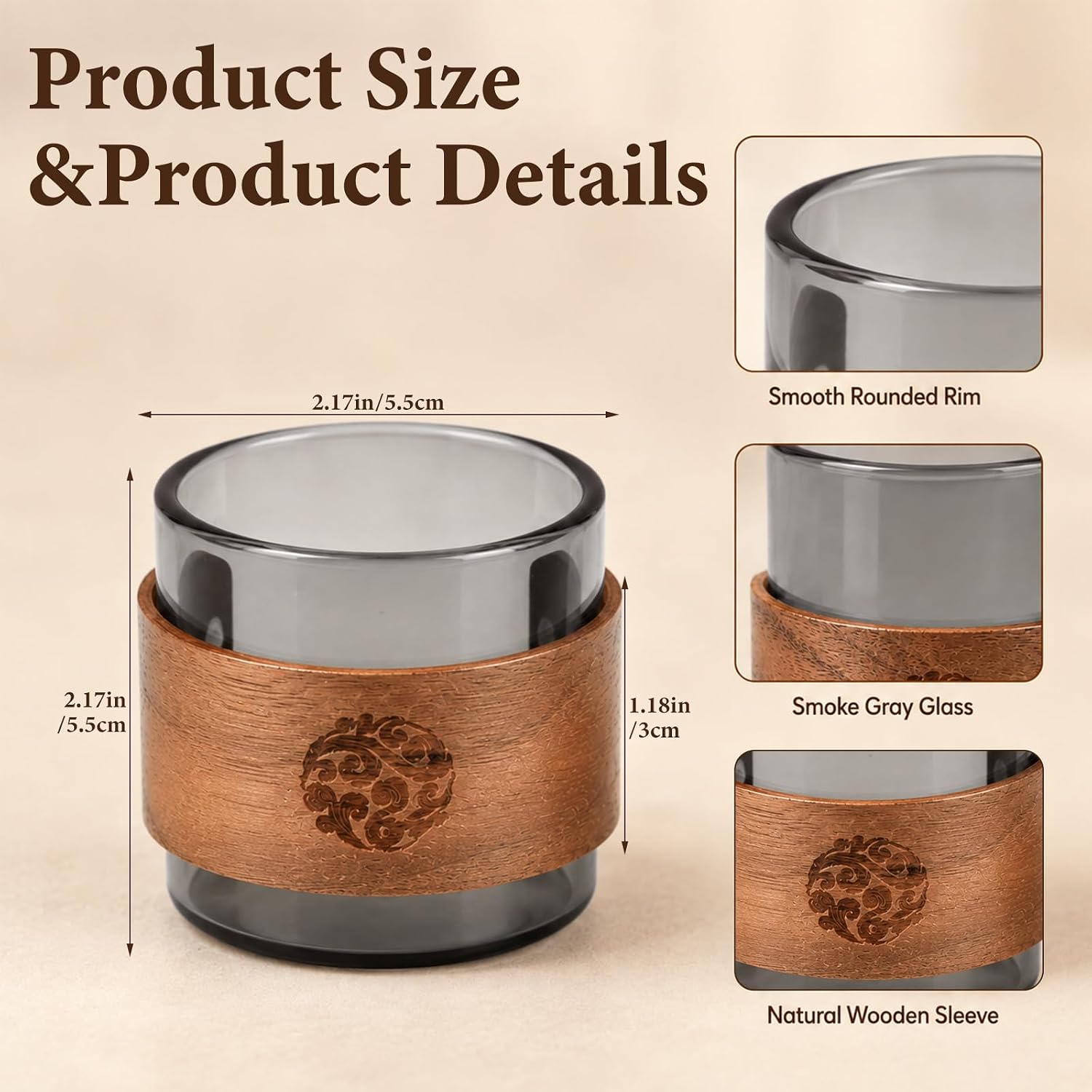 2 Pcs 5 oz Espresso Shot Cups with Wooden Ring，Glass Coffee Cup Accessories