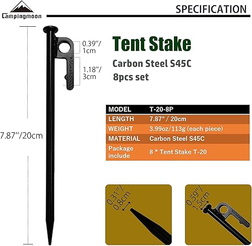 Miniatura 2 de Campingmoon - 8 estacas de acero al carbono de 7.87 pulgadas con revestimiento negro S45C con bolsa de almacenamiento