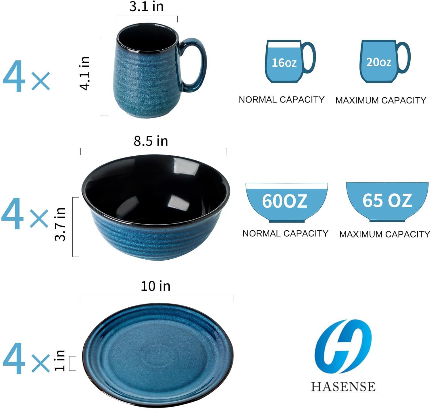 Hasense 12-Piece Porcelain Kitchen Dinnerware Set with Plates, Bowls and Mugs, Service for 4, Handmade Reactive Glaze Dishes Set, Chip Resistant and Scratch Resistant, Dishwasher Microwave Safe, Blue