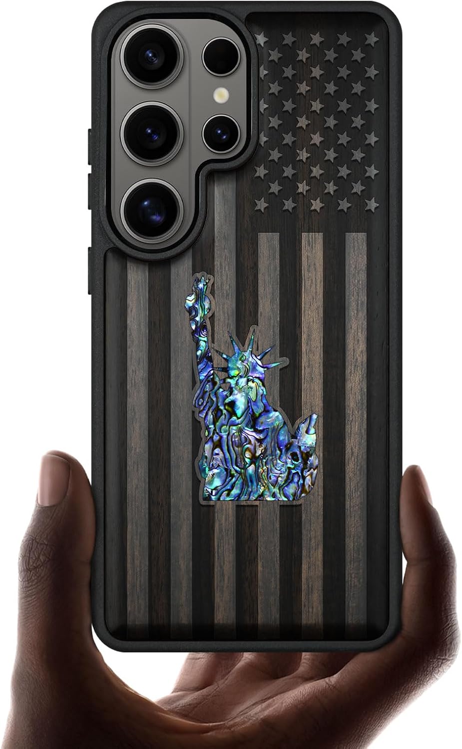 Carveit Magnetic Wooden Case for Samsung Galaxy S26 Ultra Case, Wood Artisan Engraved & Handmade Shell Inlaid, Compatible with MagSafe Wireless Chargers (Statue of Liberty and Flag) Blackwood