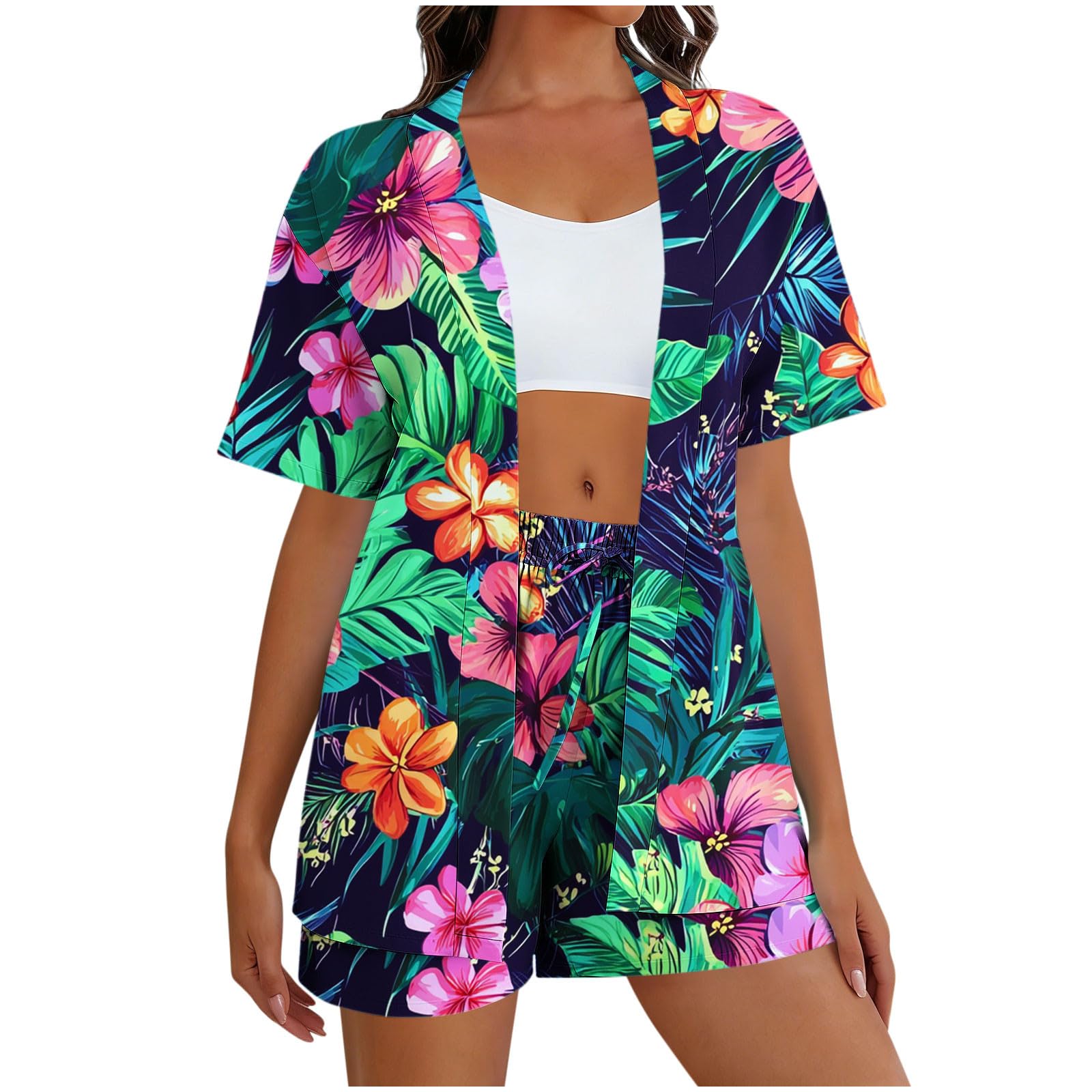 Shorts Sets Women 2 Piece Outfits Tropical Vacation Clothes Womens Matching Lounge Set Hawaiian Resort Outfits