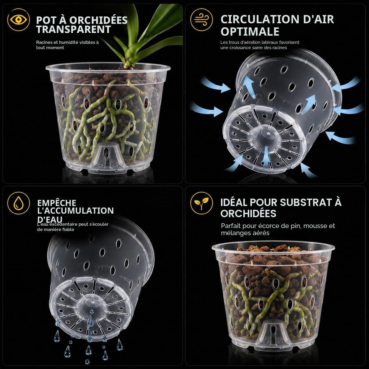 Garten lux Lot de 10 Pots à orchidées Transparents avec Trou de Drainage de 17 cm de diamètre 1,5 l et 10 soucoupes en Plastique pour orchidées pour l'intérieur