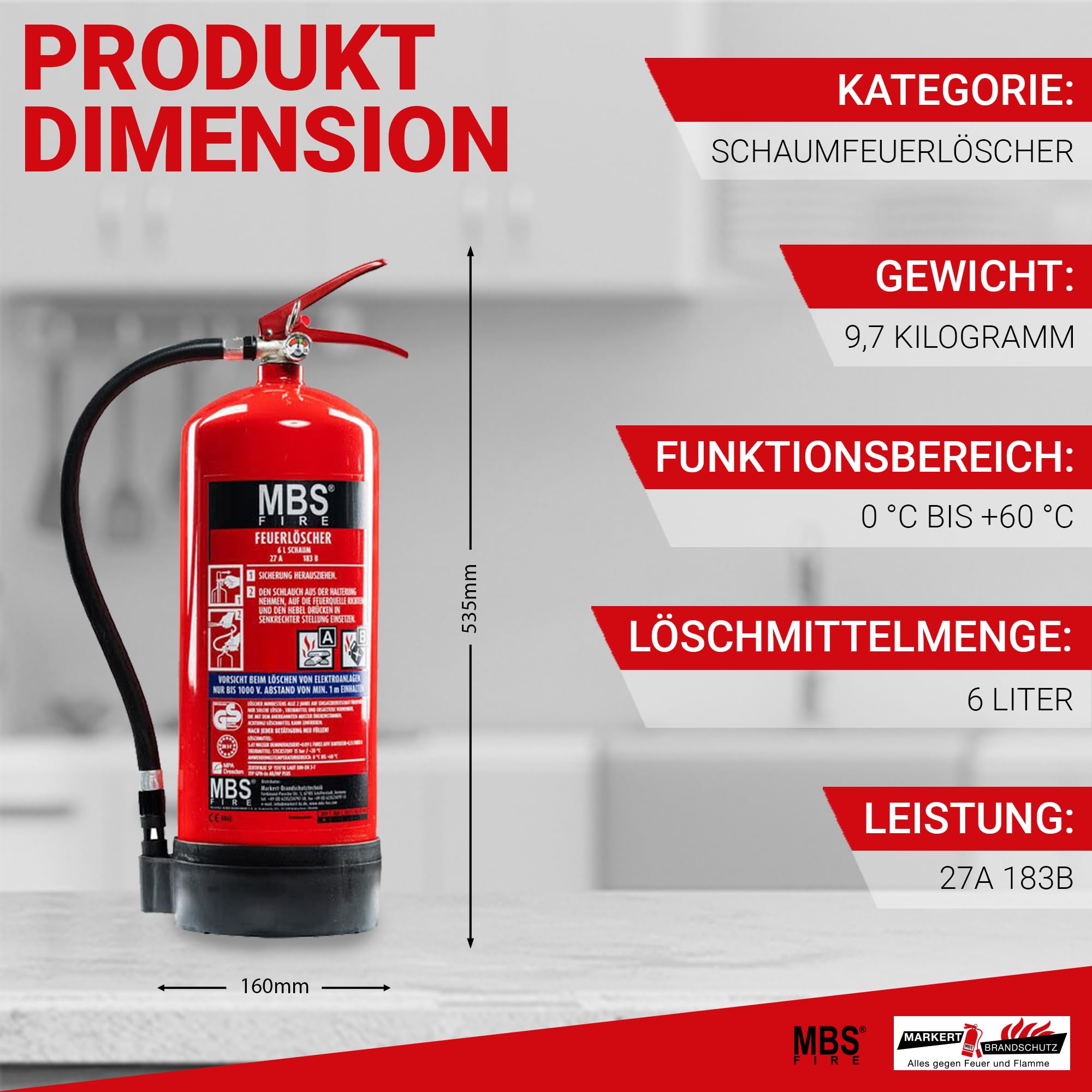 2X MBS FIRE Schaum Feuerlöscher 6L mit Manometer inkl. Instandhaltungsnachweis 27A 183B