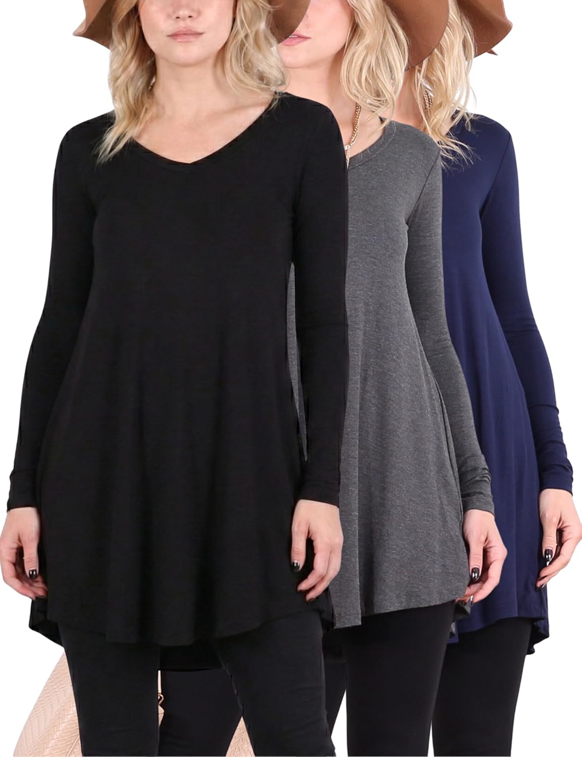 Popana Long Sleeve Tunic Top Shirts Women, Flowy Loose Fit Tops Womens Tunics Tees Long Sleeve Shirt for Leggings, 3-Pack