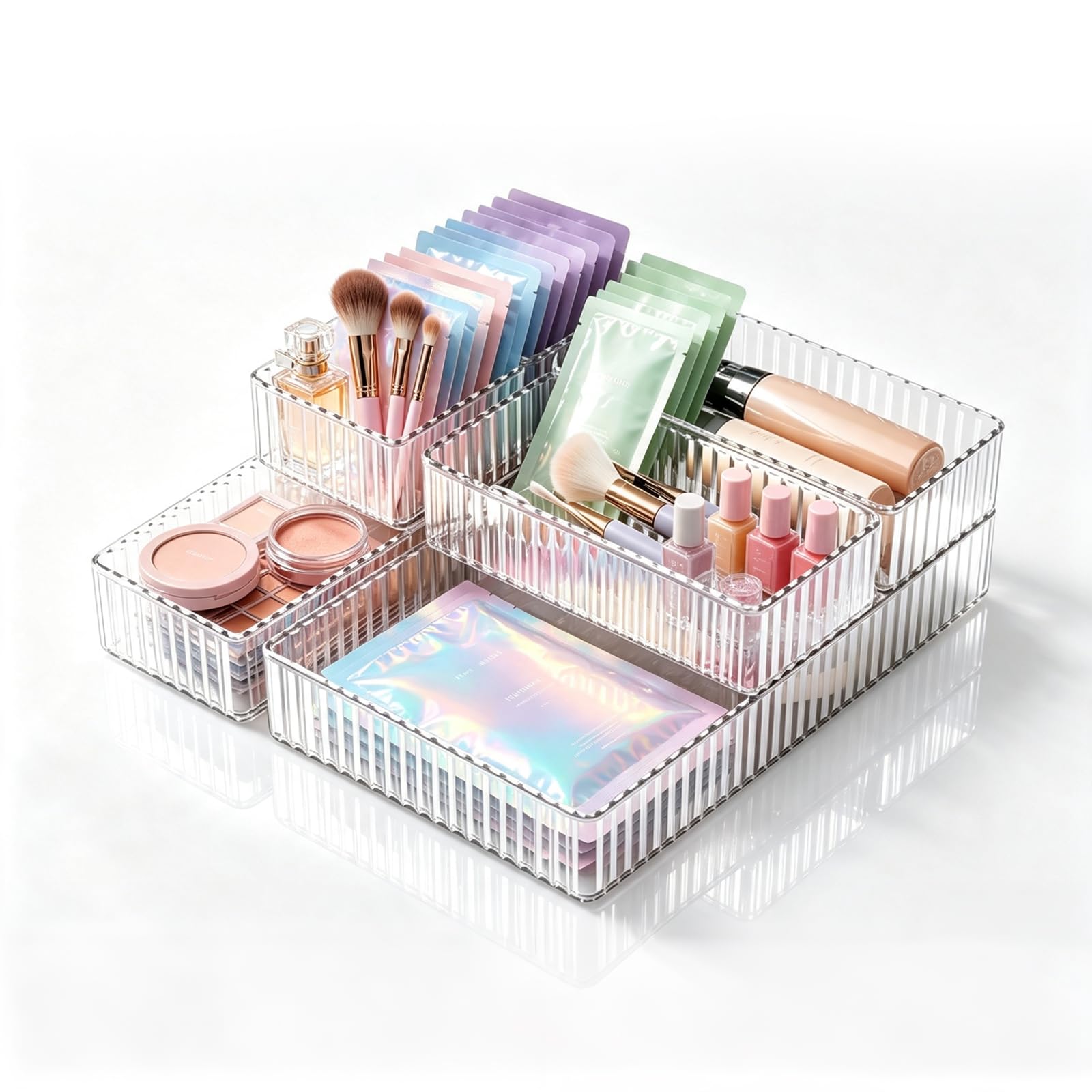 NONETO 7 PCS Stackable Clear Drawer Organiser Sets with 4 Different Size | Makeup Drawer Organiser Sets for Cosmetics, Plastic Make Up Drawer Organiser for Dressing Table, Desk Drawer and Bathroom
