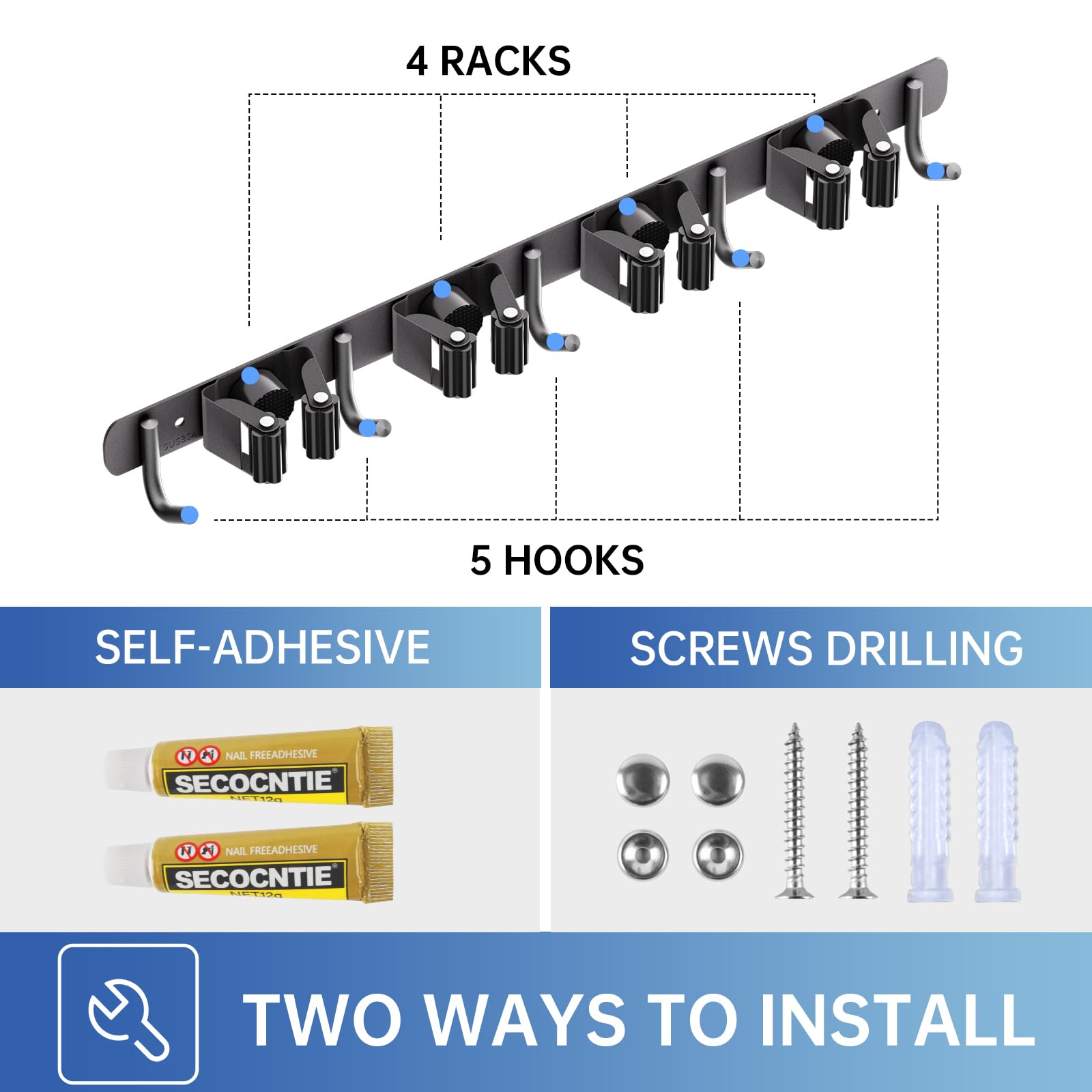 Paquete de 2 soportes de pared para escobas, 4 estantes y 5 ganchos, colgador de fregona, organizador de escobas de acero inoxidable resistente, para el hogar, cocina, jardín, lavandería 6