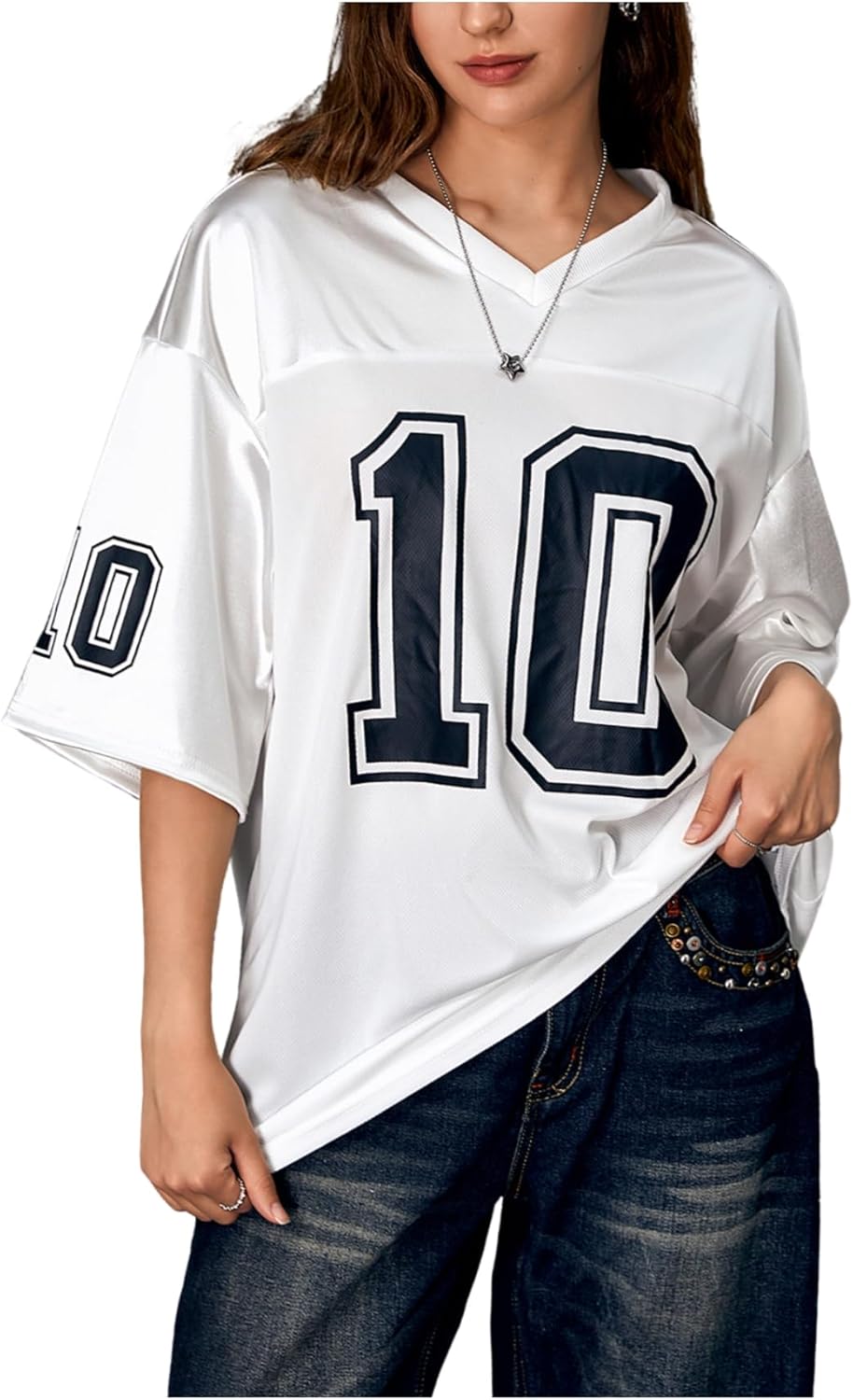 Verdusa Women's Oversized Jersey Shirt Graphic Tees V Neck Short Sleeve Vintage T Shirts