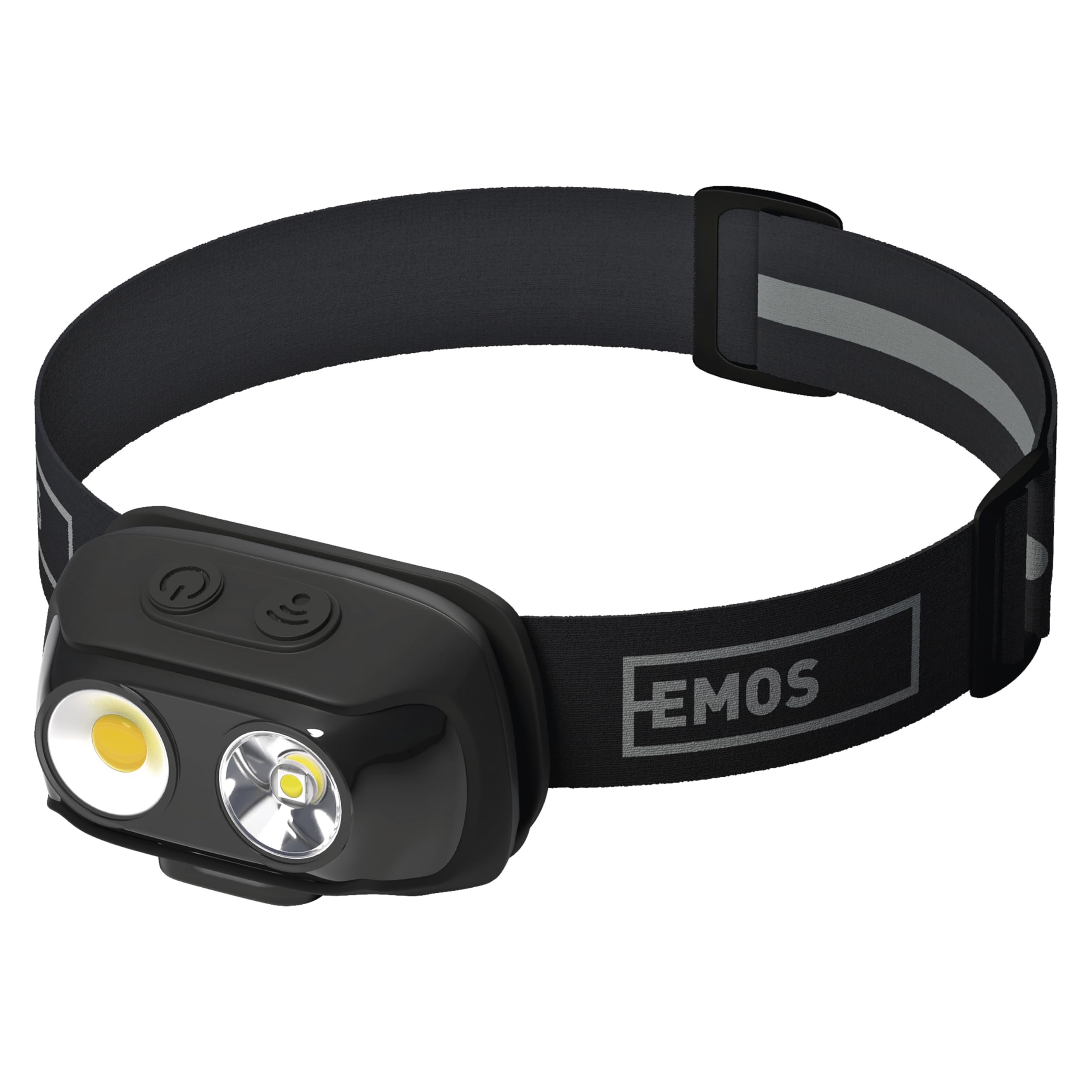 EMOS Lampe frontale LED rechargeable, 7 modes de lumière, blanc neutre et blanc chaud, détecteur de mouvement, durée de 6,5 heures, luminosité 500 lm, portée de 130 m, LED + COB LED pour extérieur,